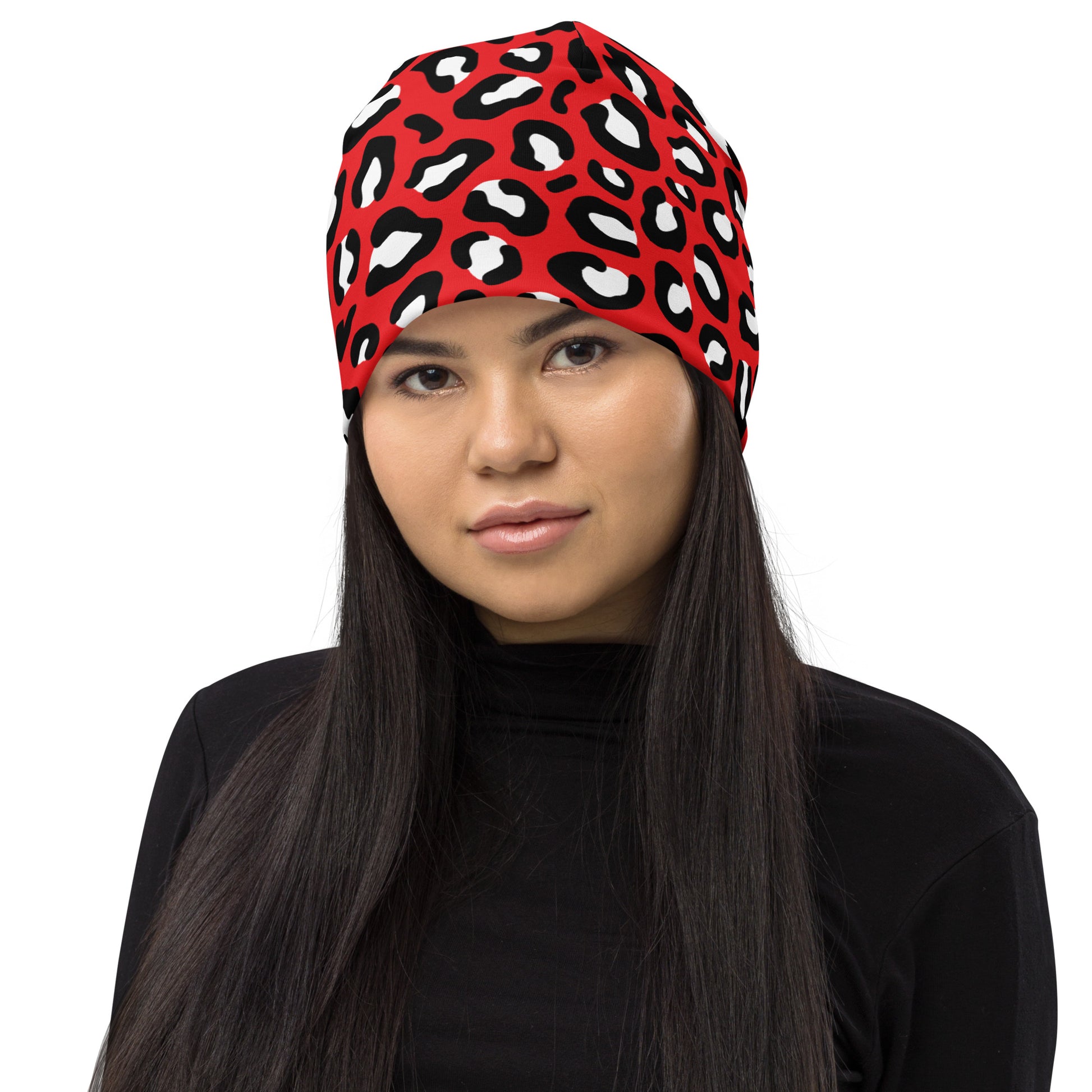 Leopard Print Beanie | Red, Black and White