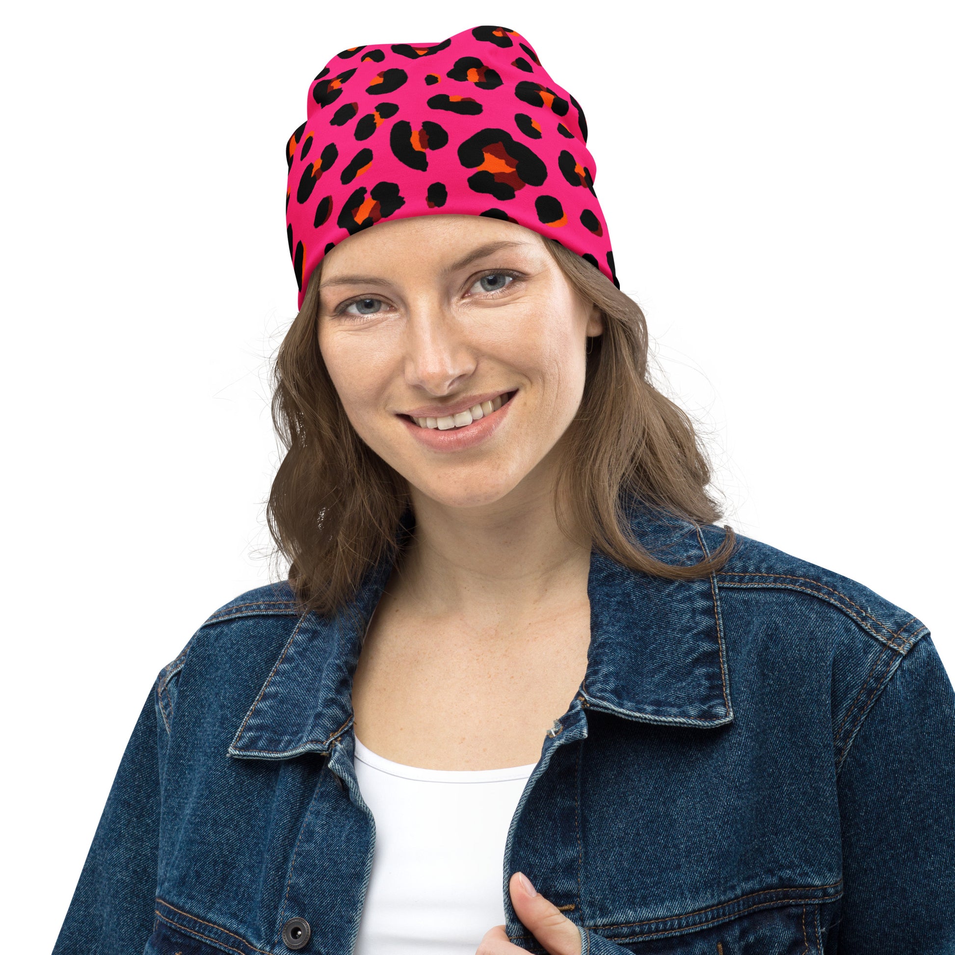 Leopard Print Beanie | Cerise Pink, Orange, and Black