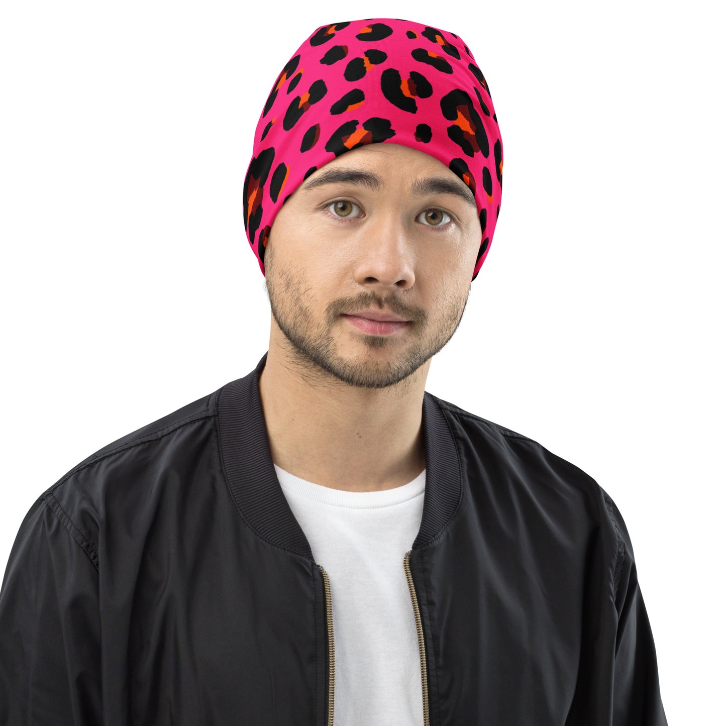 Leopard Print Beanie | Cerise Pink, Orange, and Black