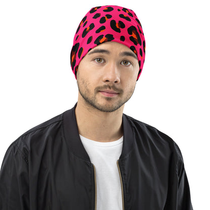 Leopard Print Beanie | Cerise Pink, Orange, and Black