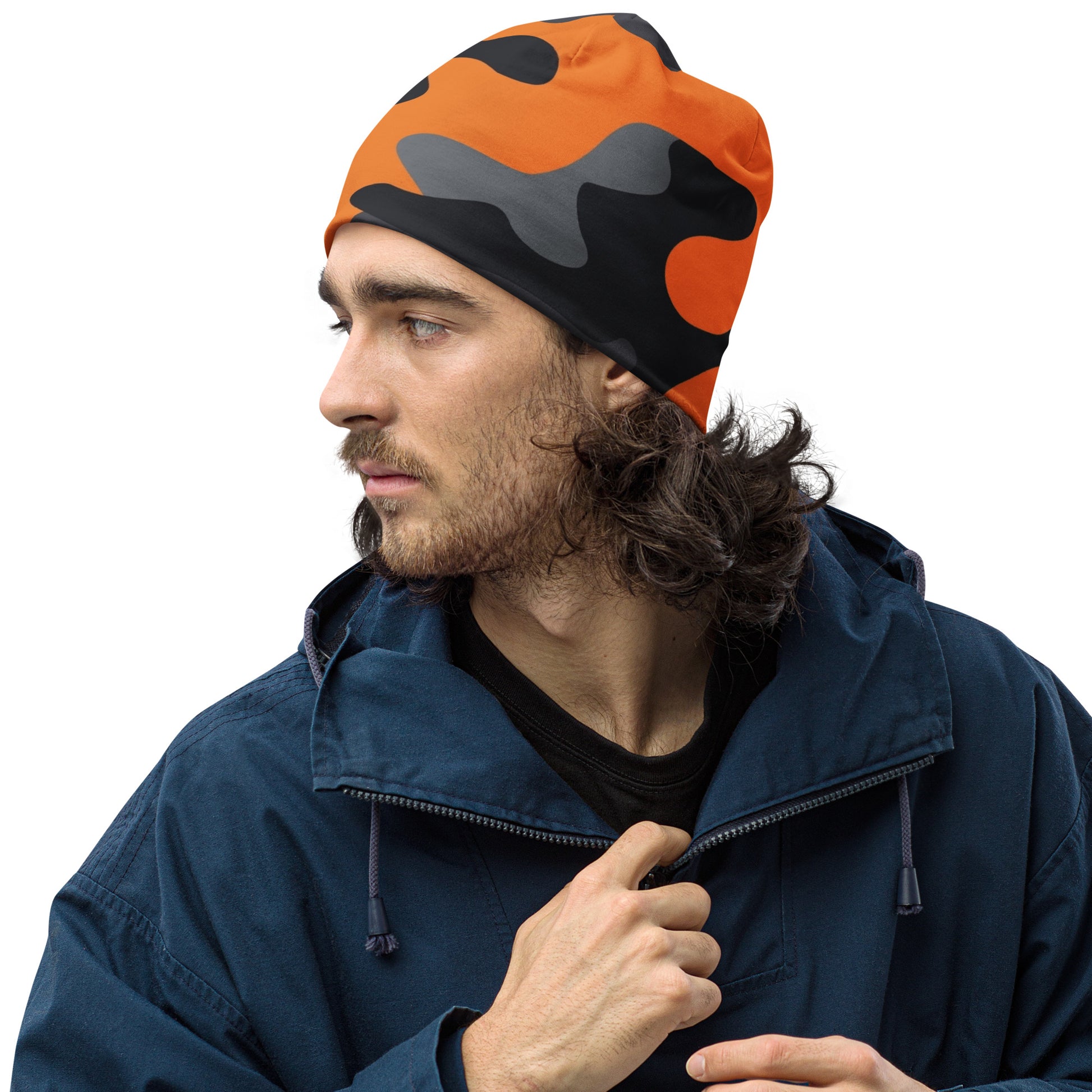 Camouflage Beanie | Orange, Black, and Gray