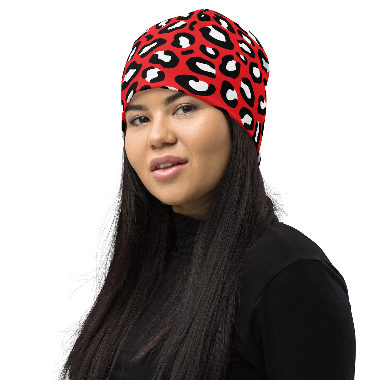 Leopard Print Beanie | Red, Black and White