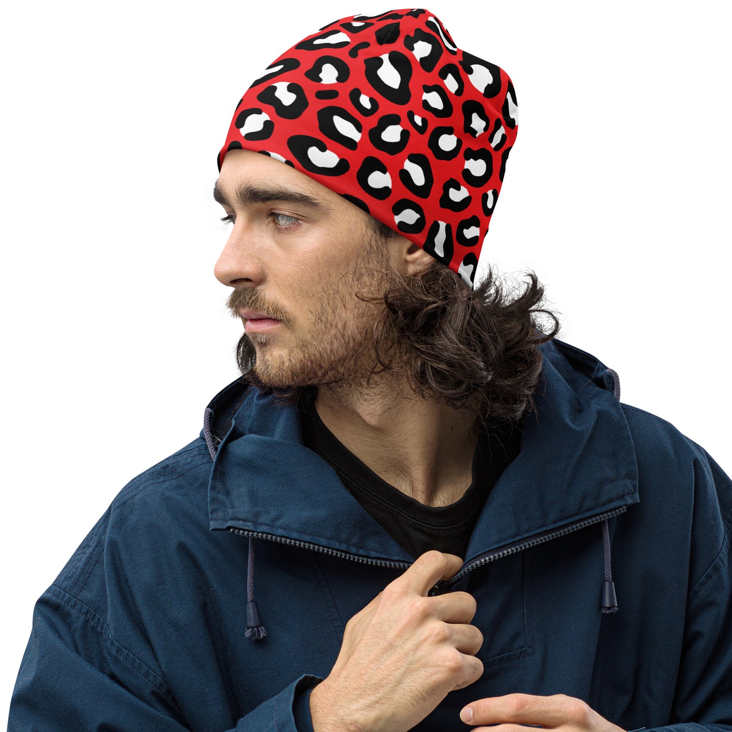 Leopard Print Beanie | Red, Black and White