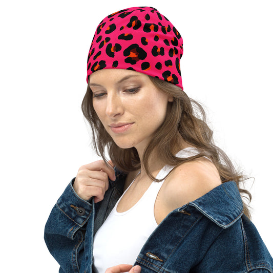 Leopard Print Beanie | Cerise Pink, Orange, and Black