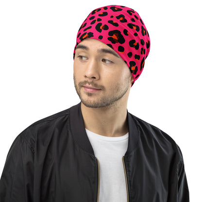 Leopard Print Beanie | Cerise Pink, Orange, and Black