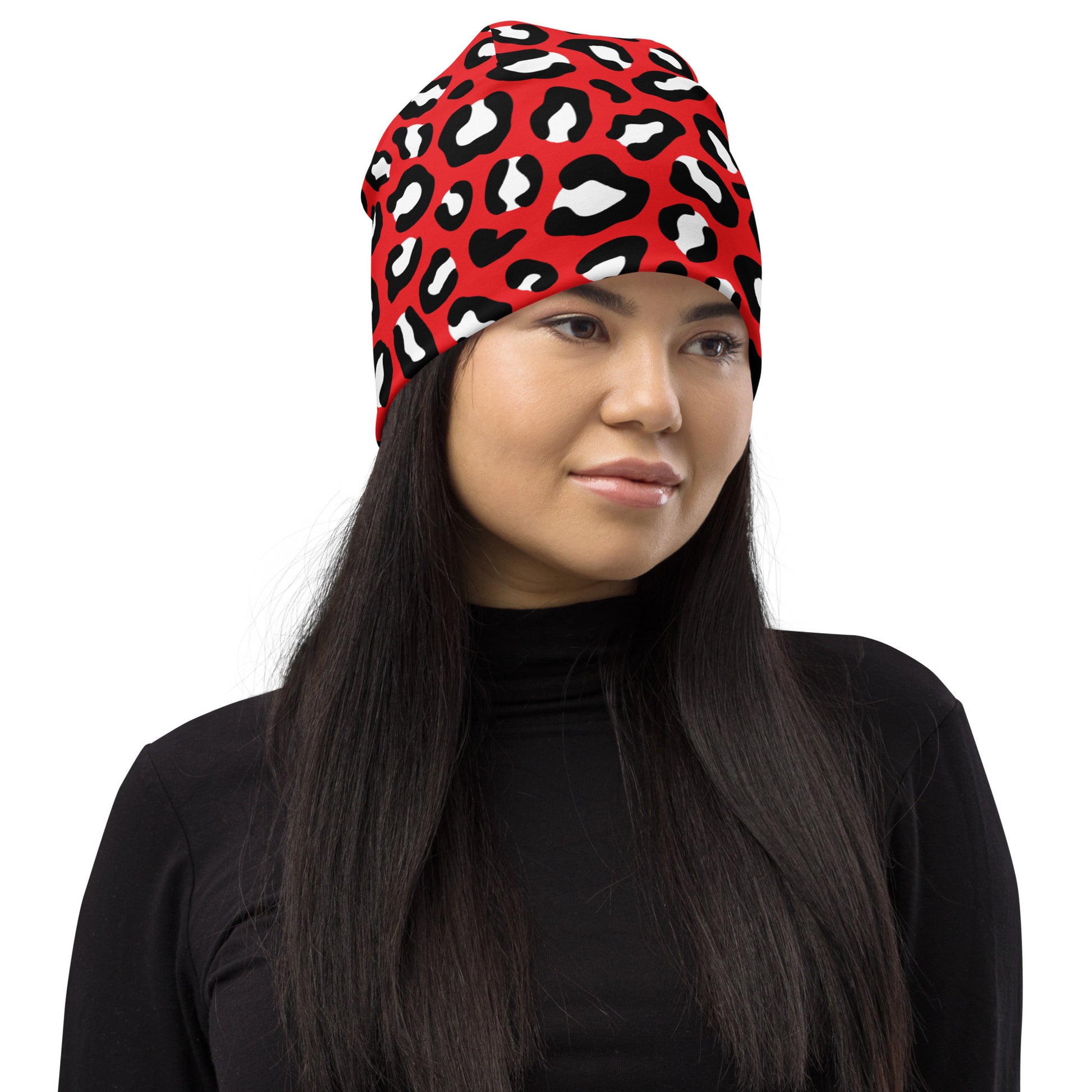 Leopard Print Beanie | Red, Black and White