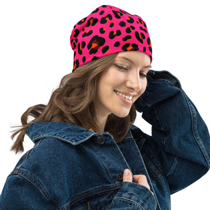 Leopard Print Beanie | Cerise Pink, Orange, and Black