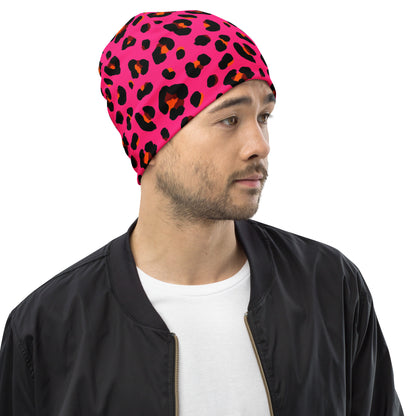 Leopard Print Beanie | Cerise Pink, Orange, and Black