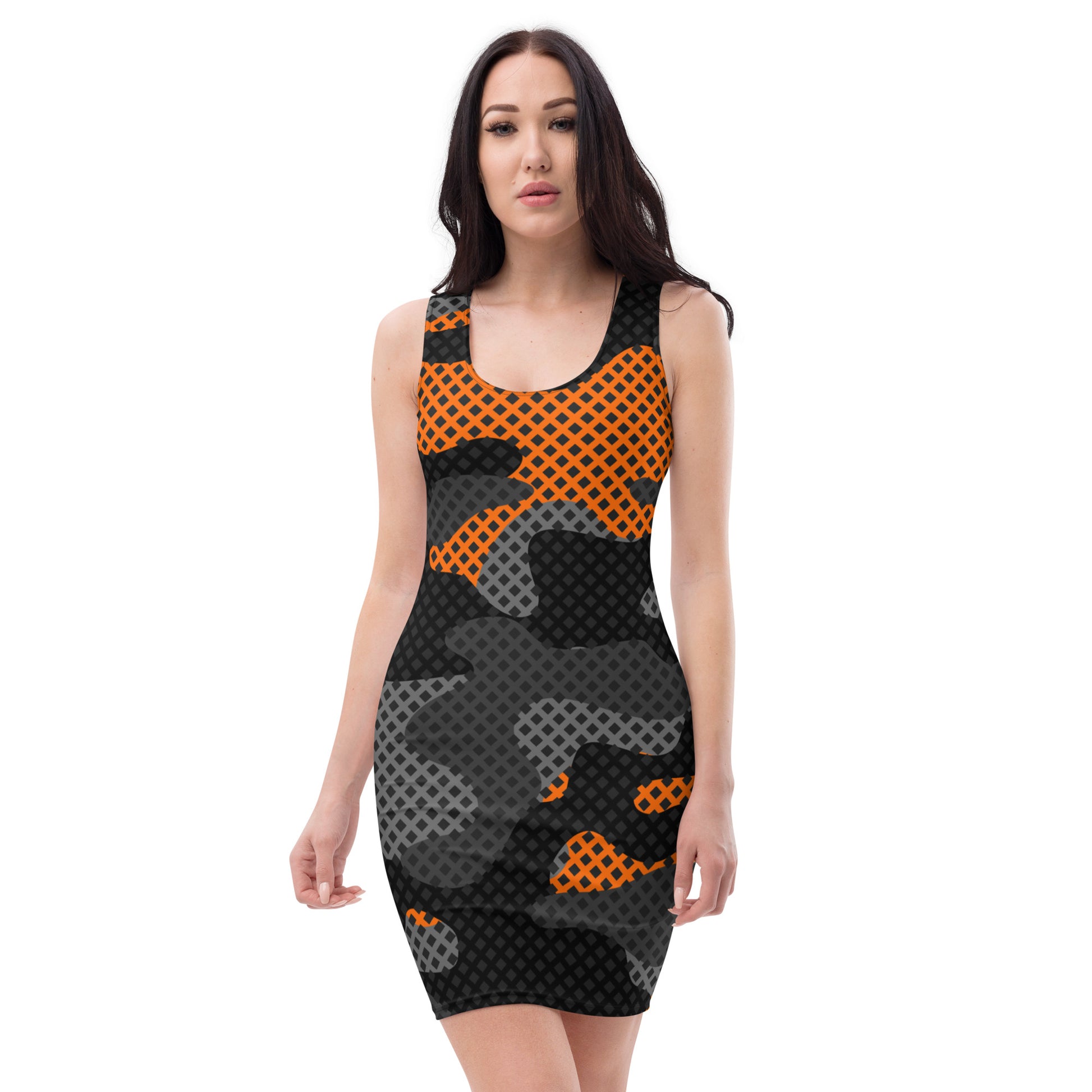 Camo Dress | Black & Orange Pixel | Tight Bodycon Fit