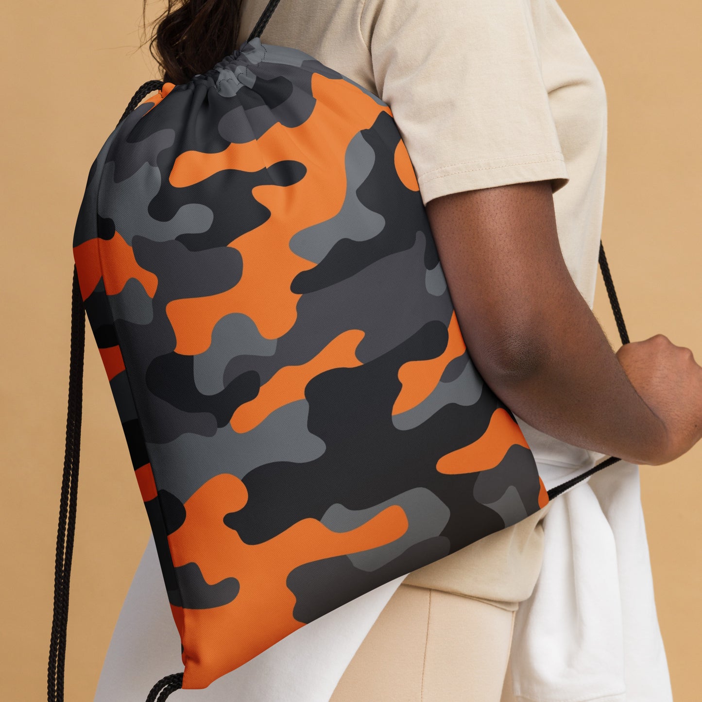 Drawstring Bag | Orange, Black & Gray Camouflage