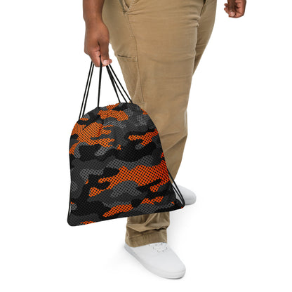 Drawstring Bag | Black & Orange Pixel Camouflage