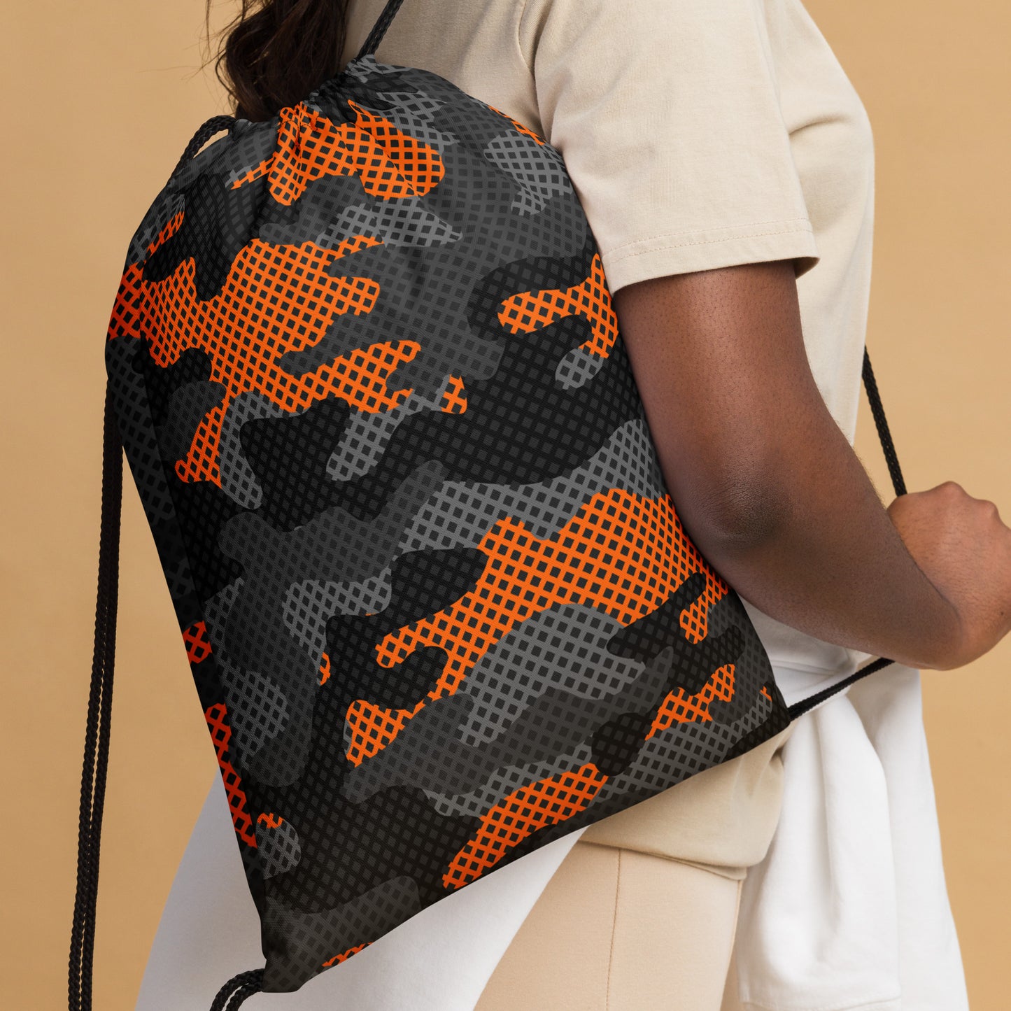 Drawstring Bag | Black & Orange Pixel Camouflage