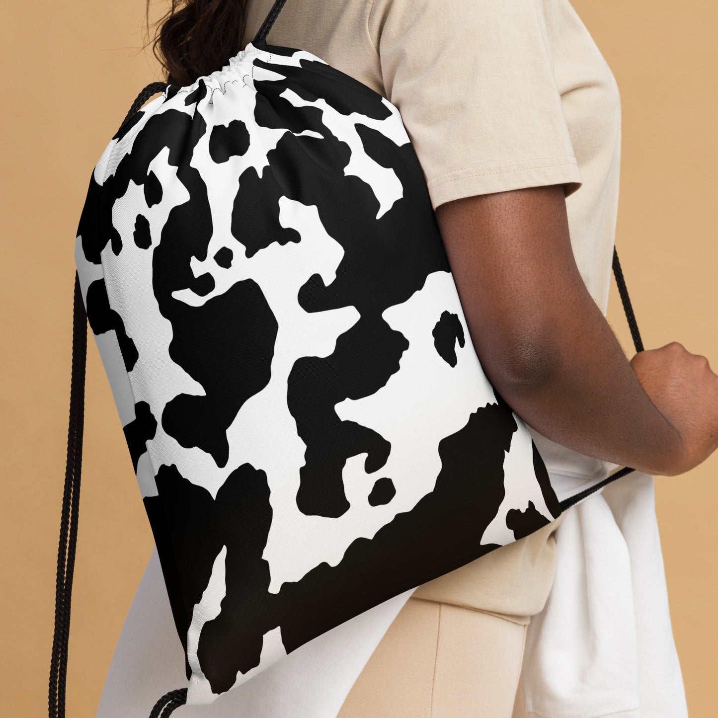 Drawstring Bag | Black & White Cow Camouflage