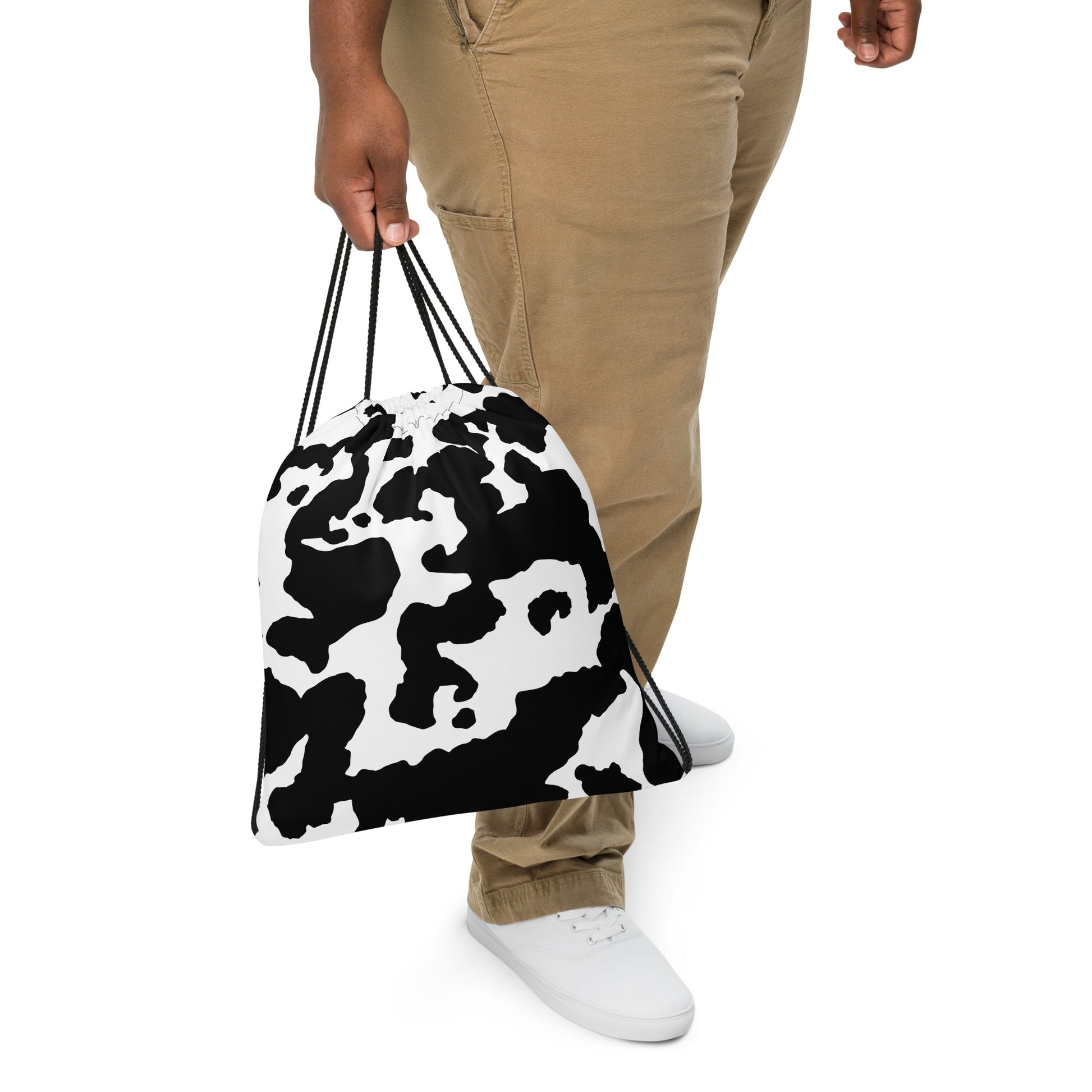 Drawstring Bag | Black & White Cow Camouflage