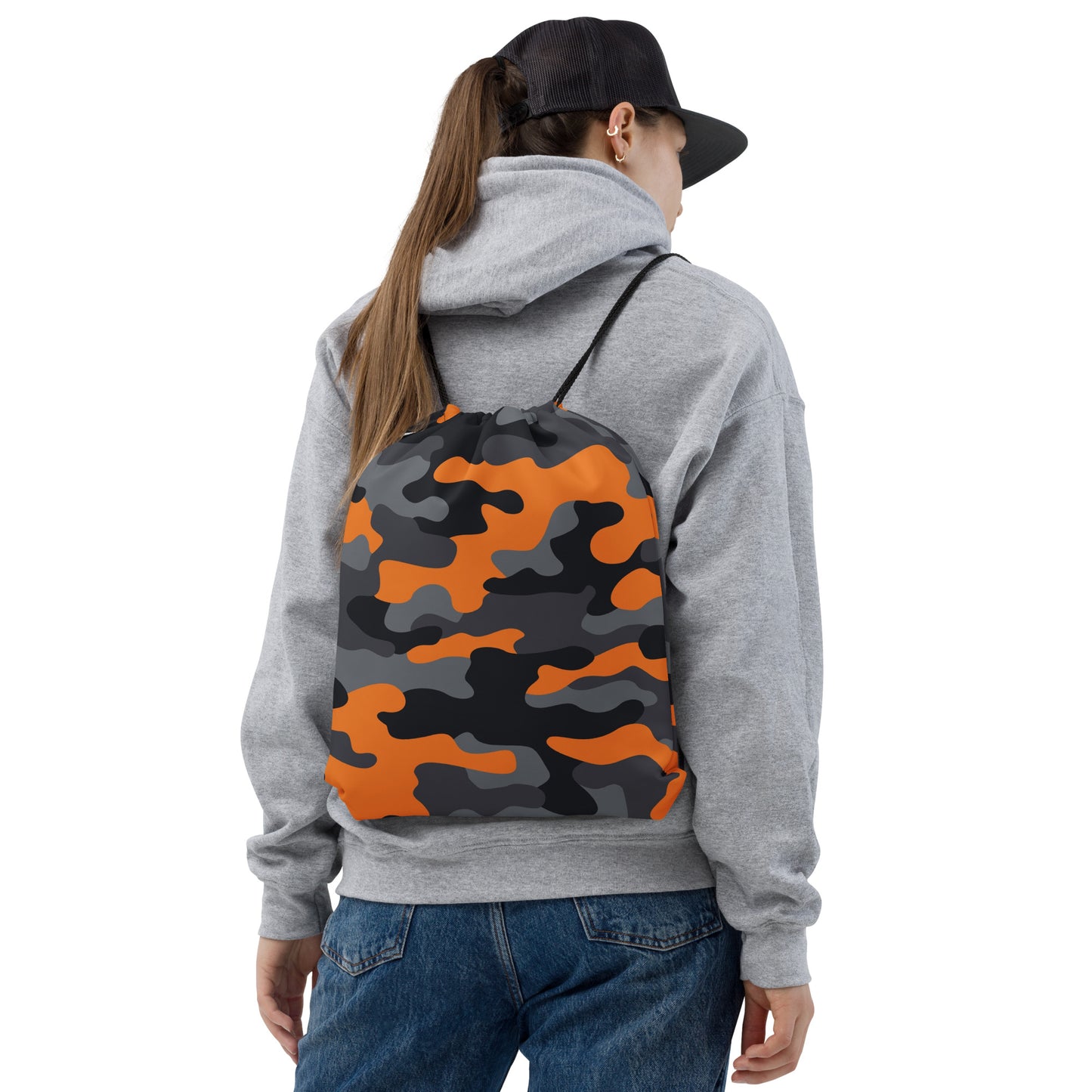 Drawstring Bag | Orange, Black & Gray Camouflage