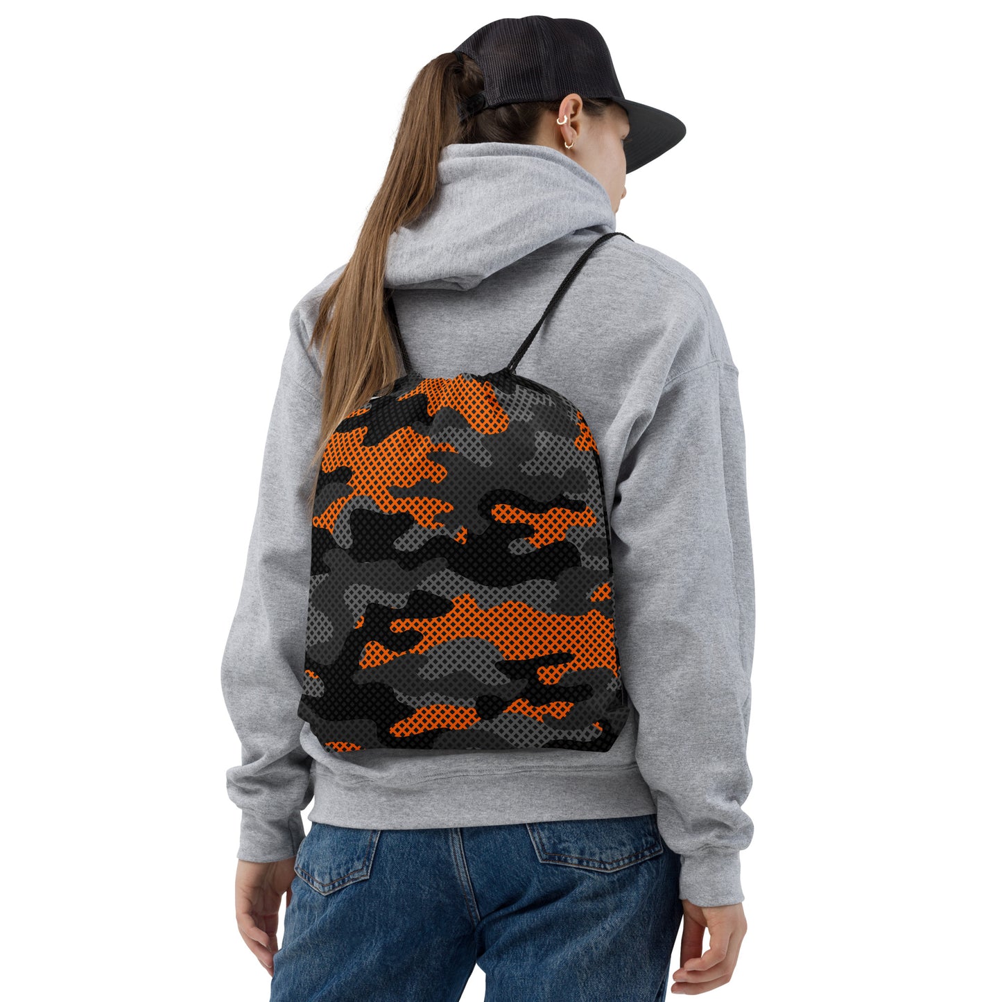 Drawstring Bag | Black & Orange Pixel Camouflage