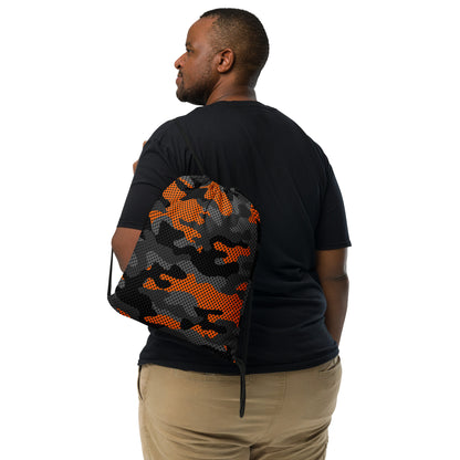 Drawstring Bag | Black & Orange Pixel Camouflage