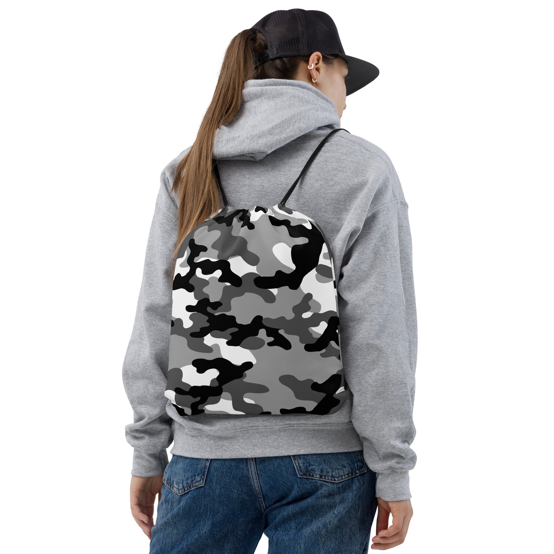 Drawstring Bag | Black, Gray & White Camouflage