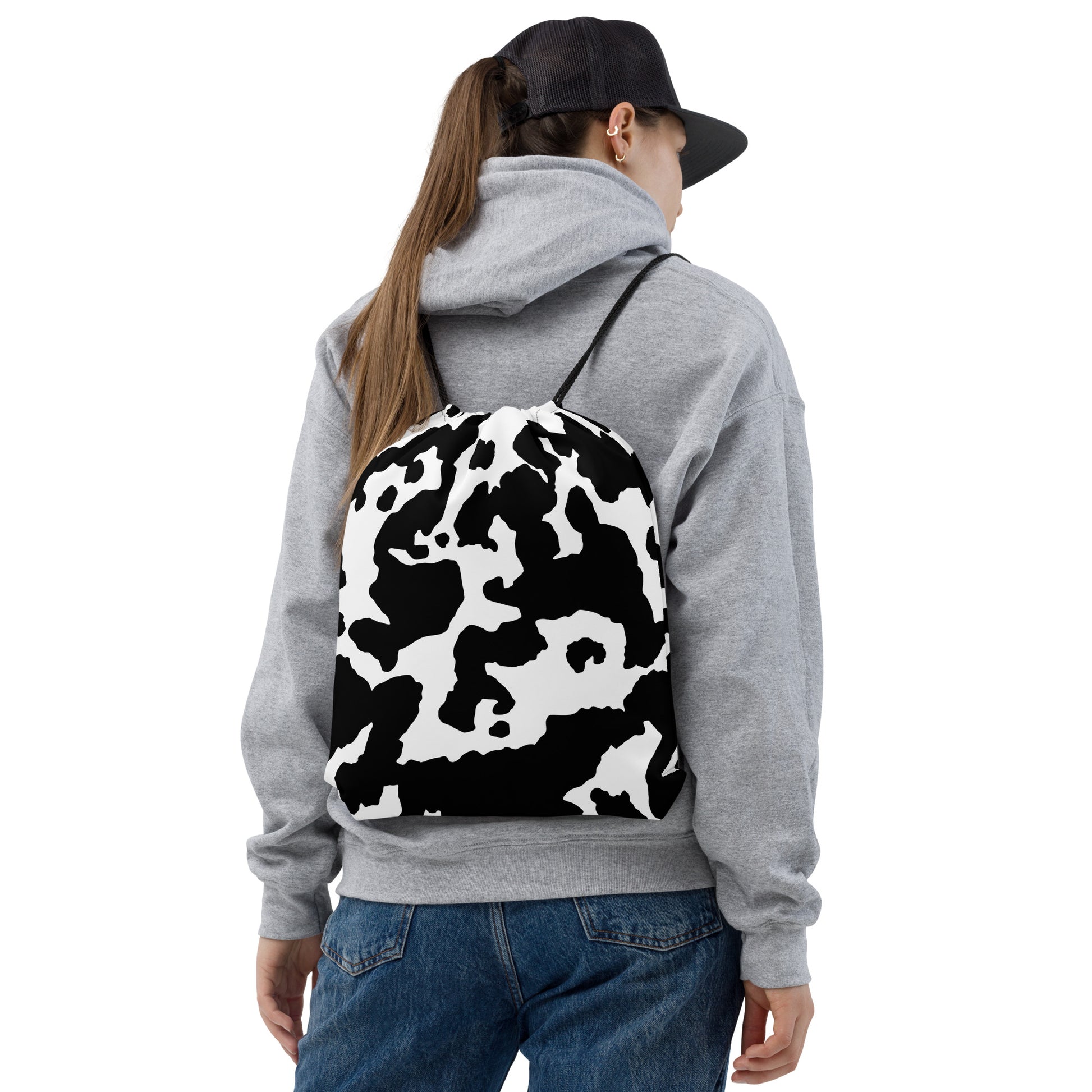 Drawstring Bag | Black & White Cow Camouflage