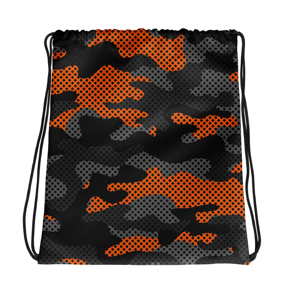 Drawstring Bag | Black & Orange Pixel Camouflage