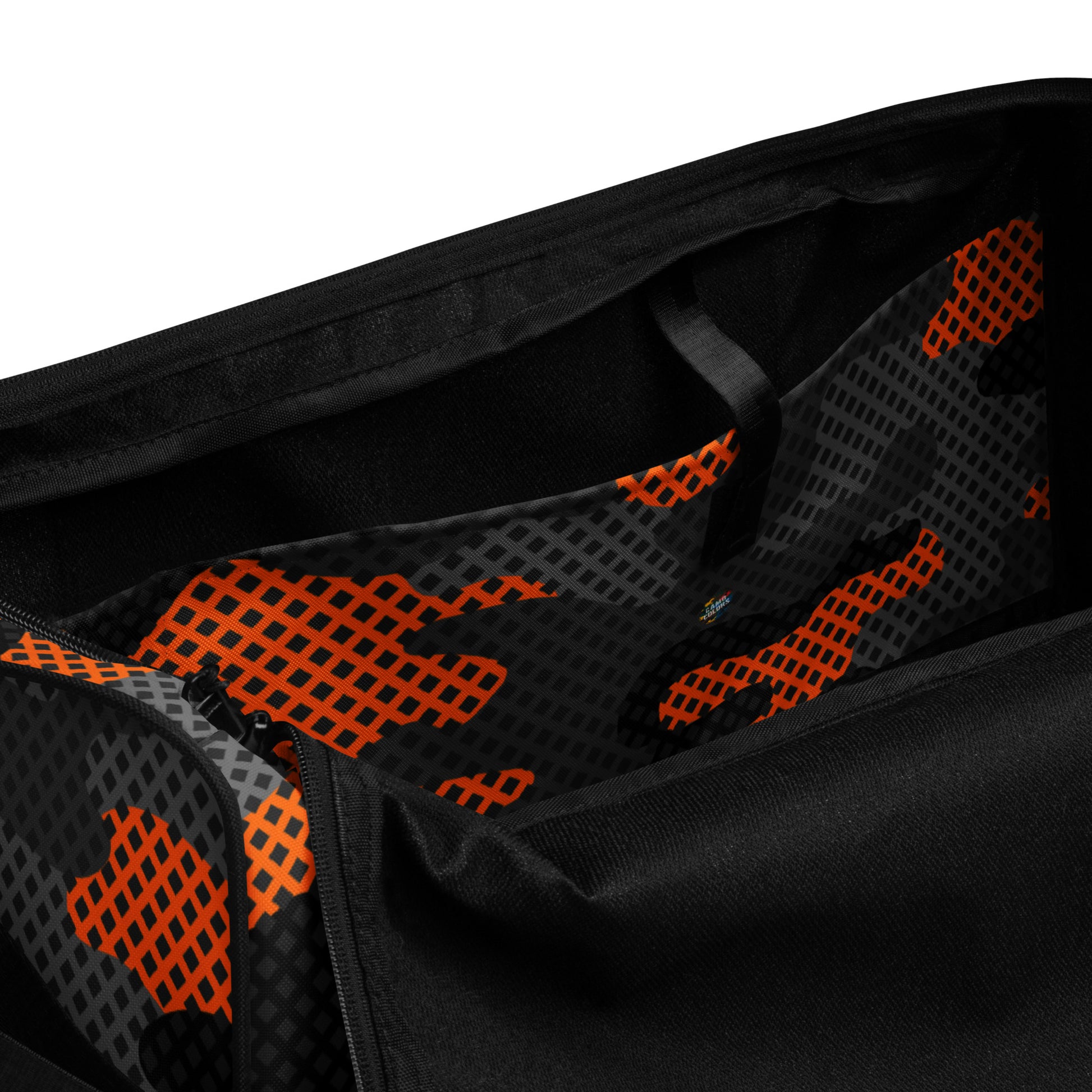 Camo Duffle Bag | Black & Orange Pixel Camouflage