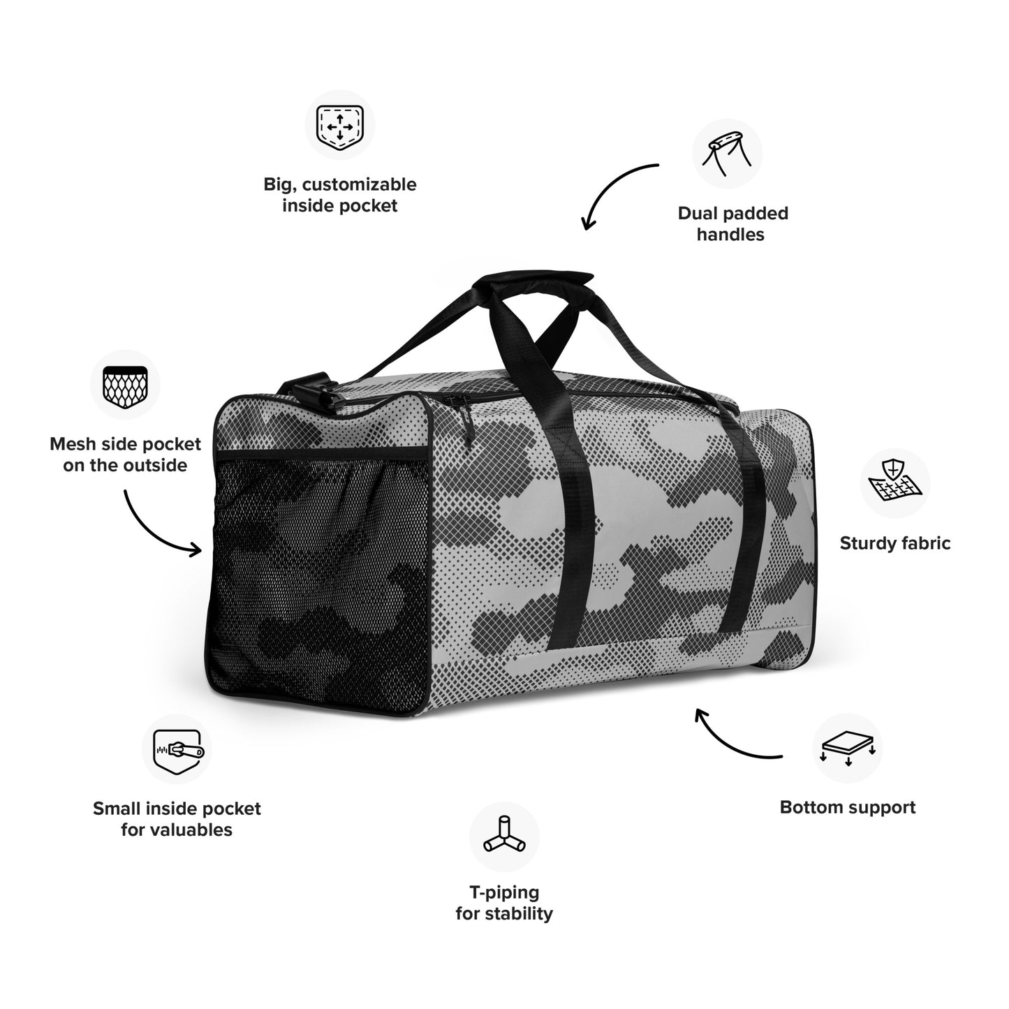 Camo Duffle Bag | Black & White Digital Camouflage