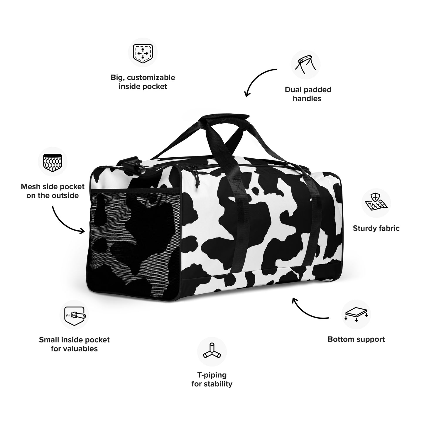 Camo Duffle Bag | Black & White Cow Camouflage