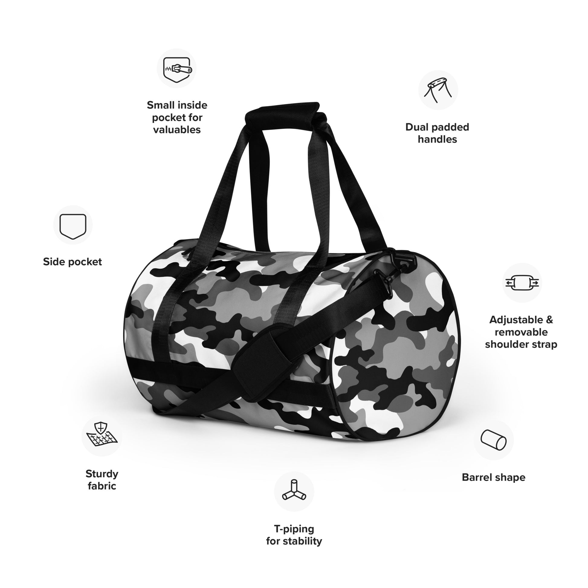 Camo Gym Bag | Black, White & Gray Camouflage