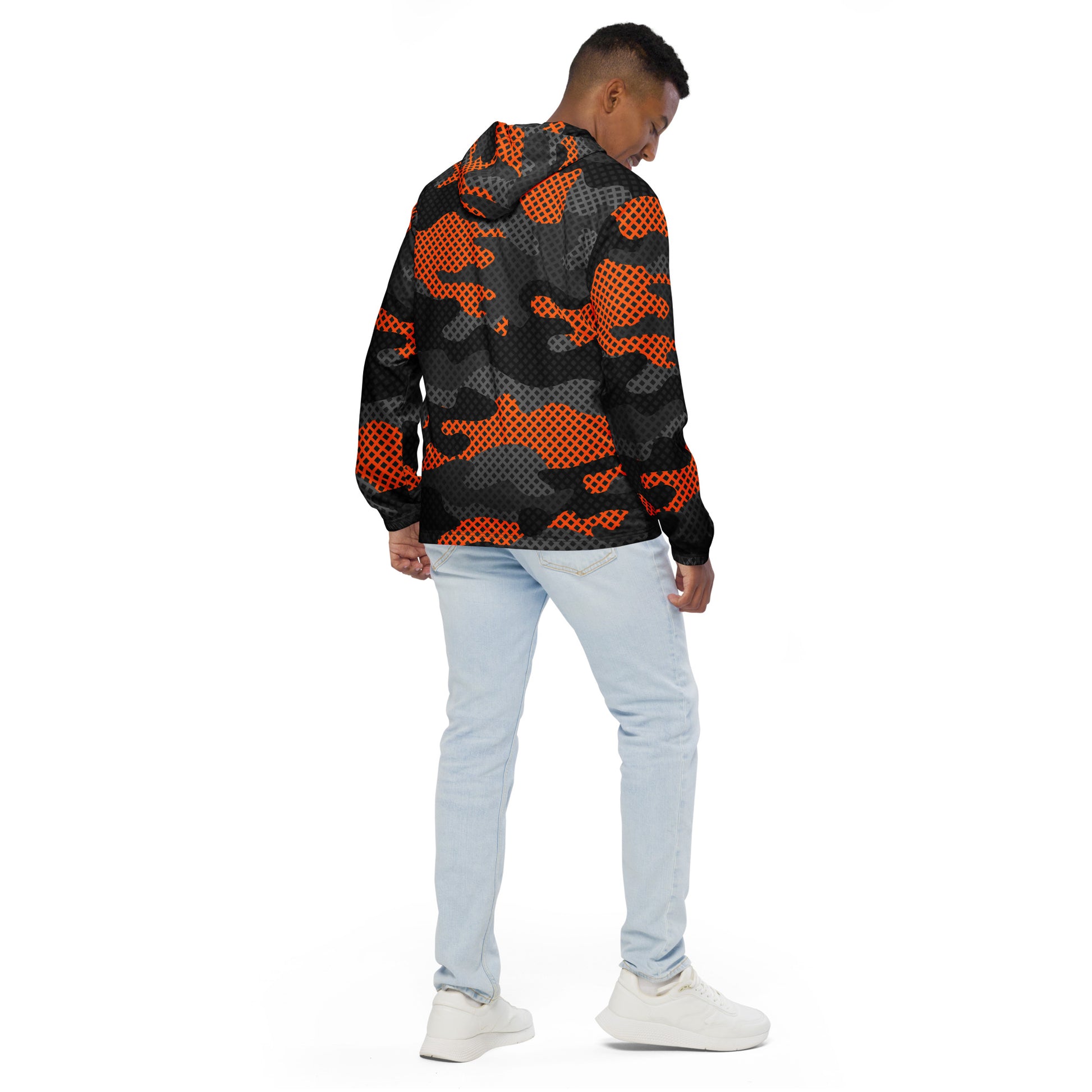 Camo Windbreaker For Men | Black & Orange Pixel