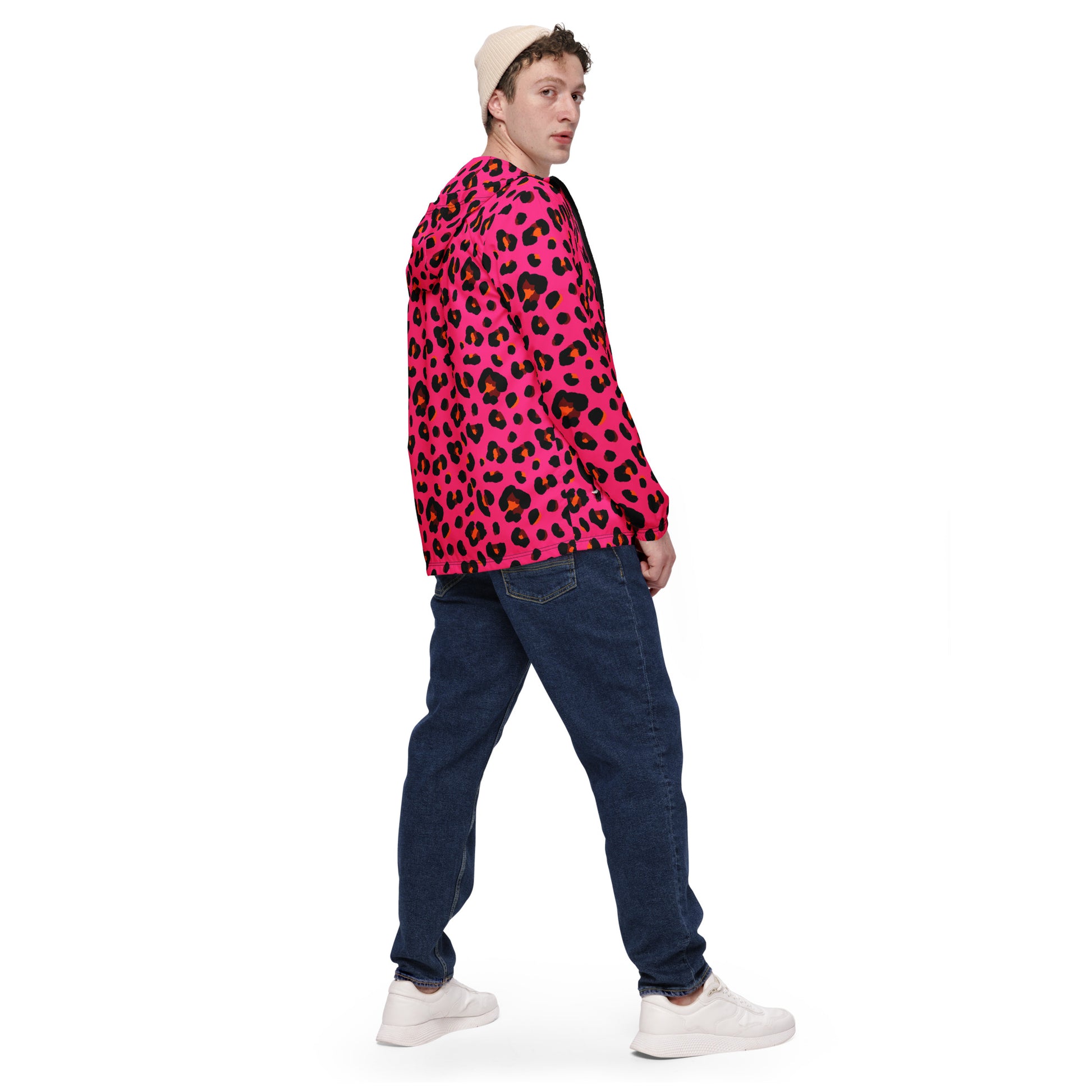 Windbreaker For Men | Cerise Pink, Orange and Black Leopard