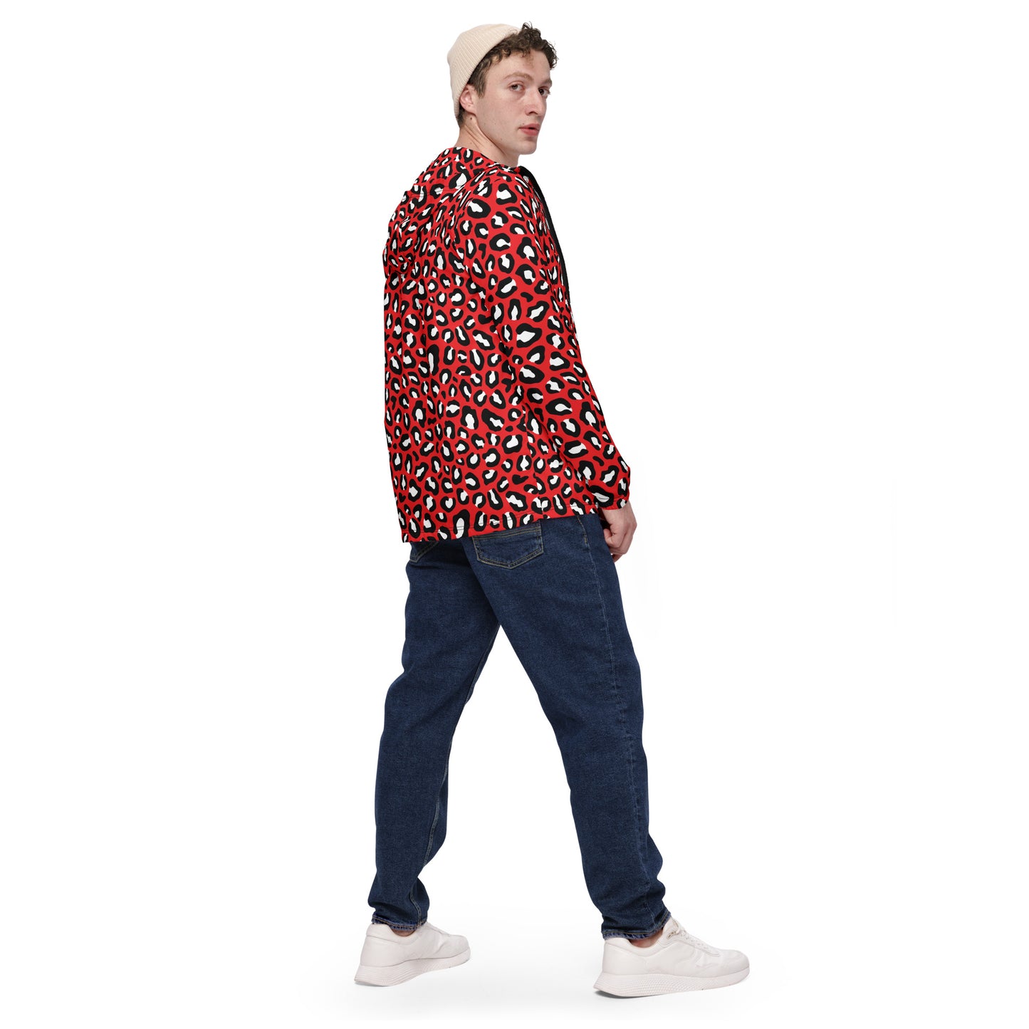 Windbreaker For Men | Red, Black and White Leopard Pattern