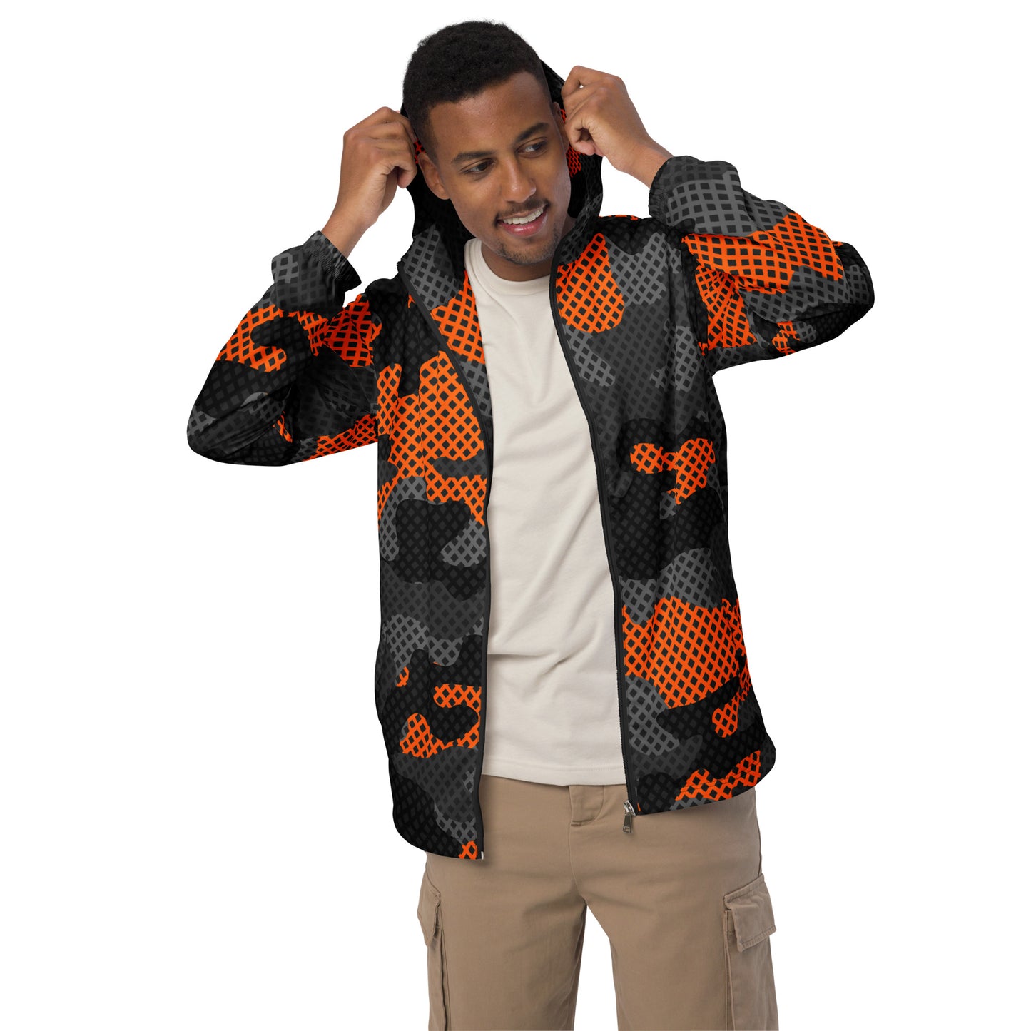 Camo Windbreaker For Men | Black & Orange Pixel