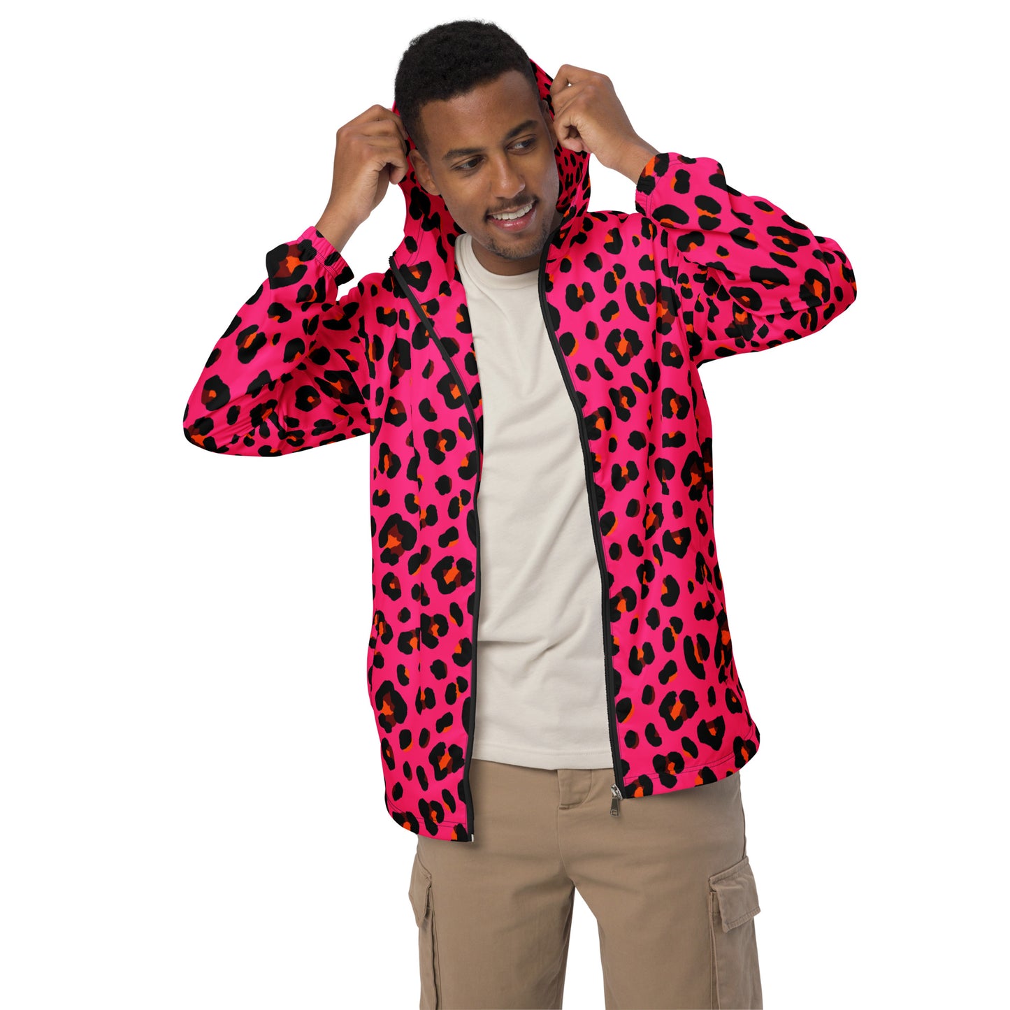 Windbreaker For Men | Cerise Pink, Orange and Black Leopard