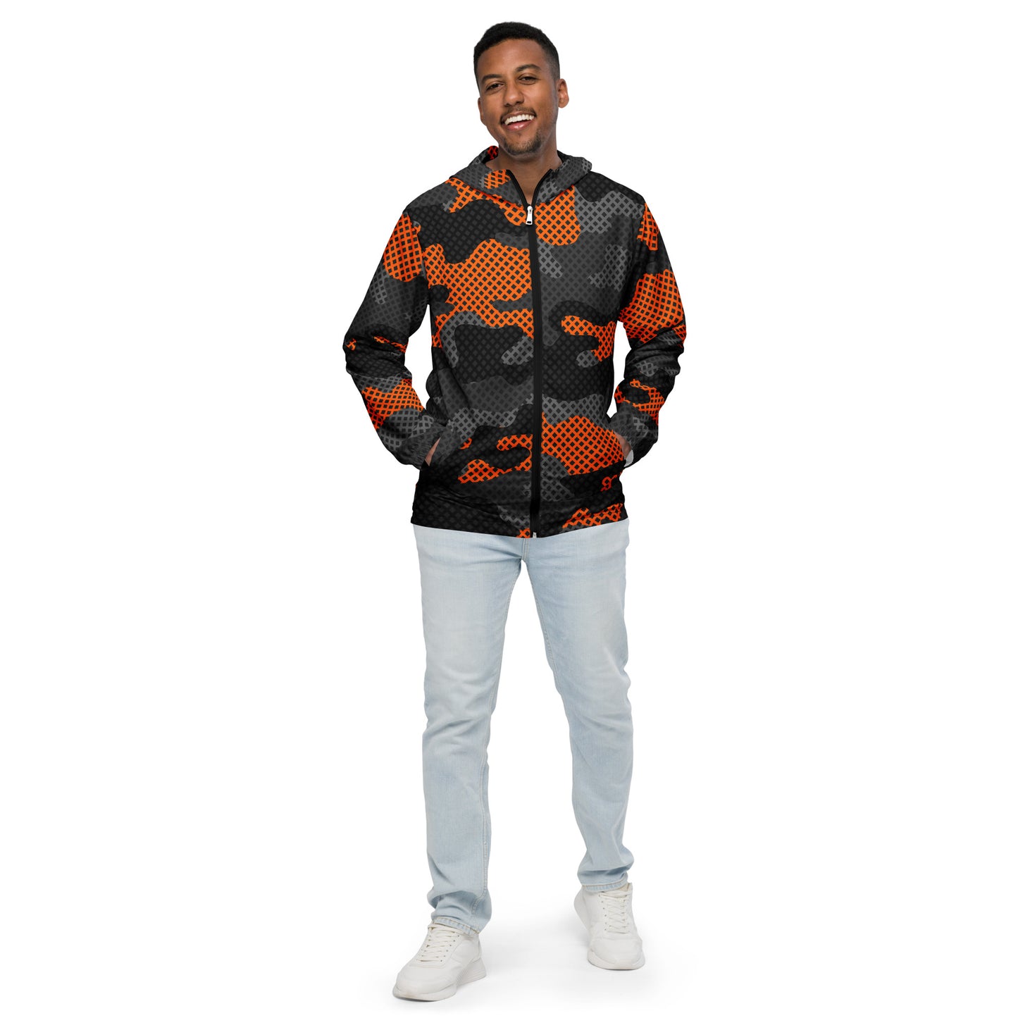 Camo Windbreaker For Men | Black & Orange Pixel