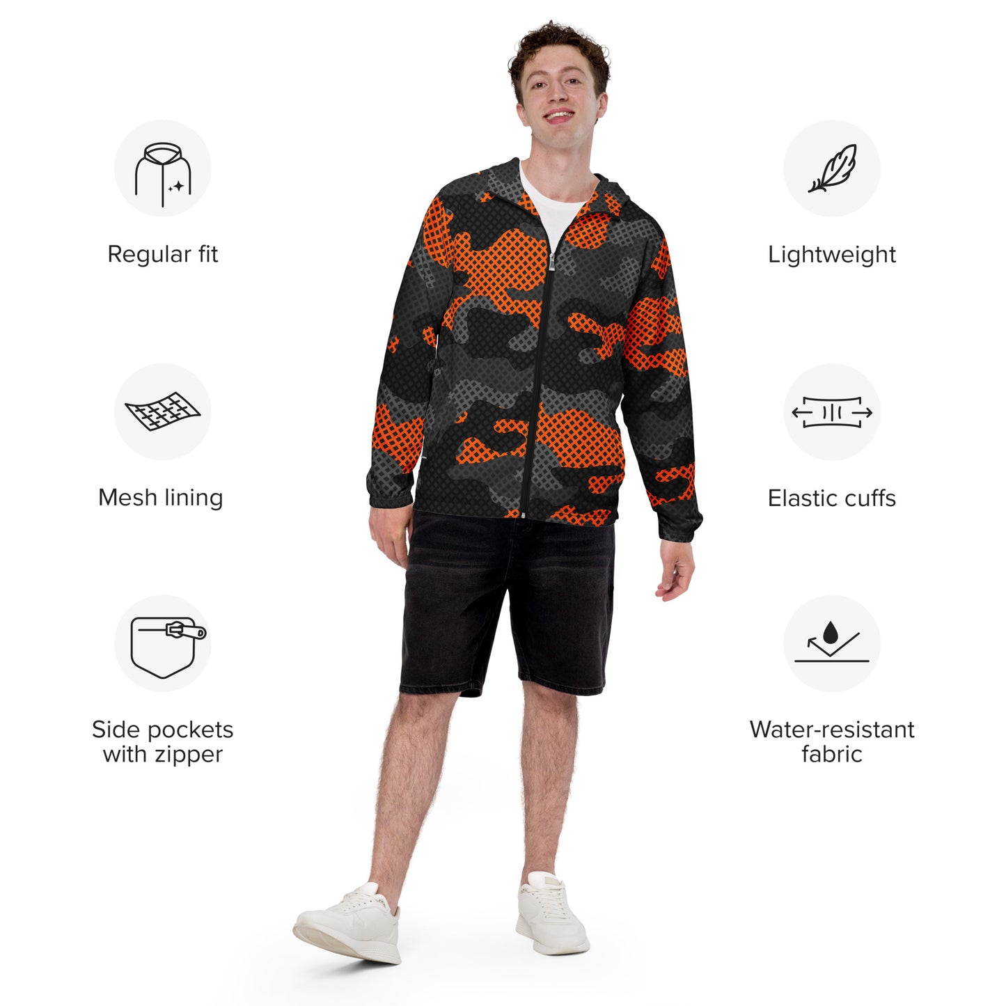 Camo Windbreaker For Men | Black & Orange Pixel