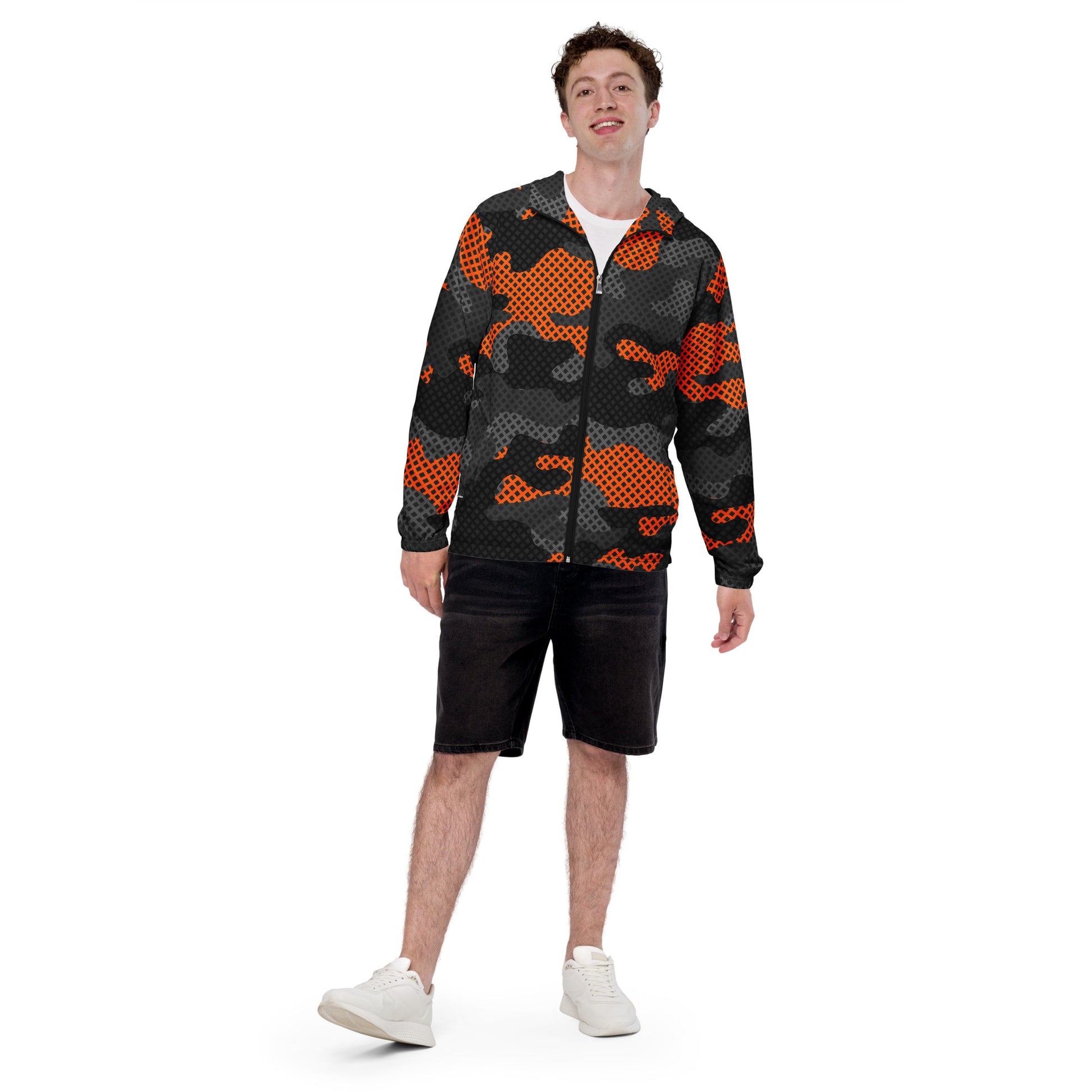 Camo Windbreaker For Men | Black & Orange Pixel