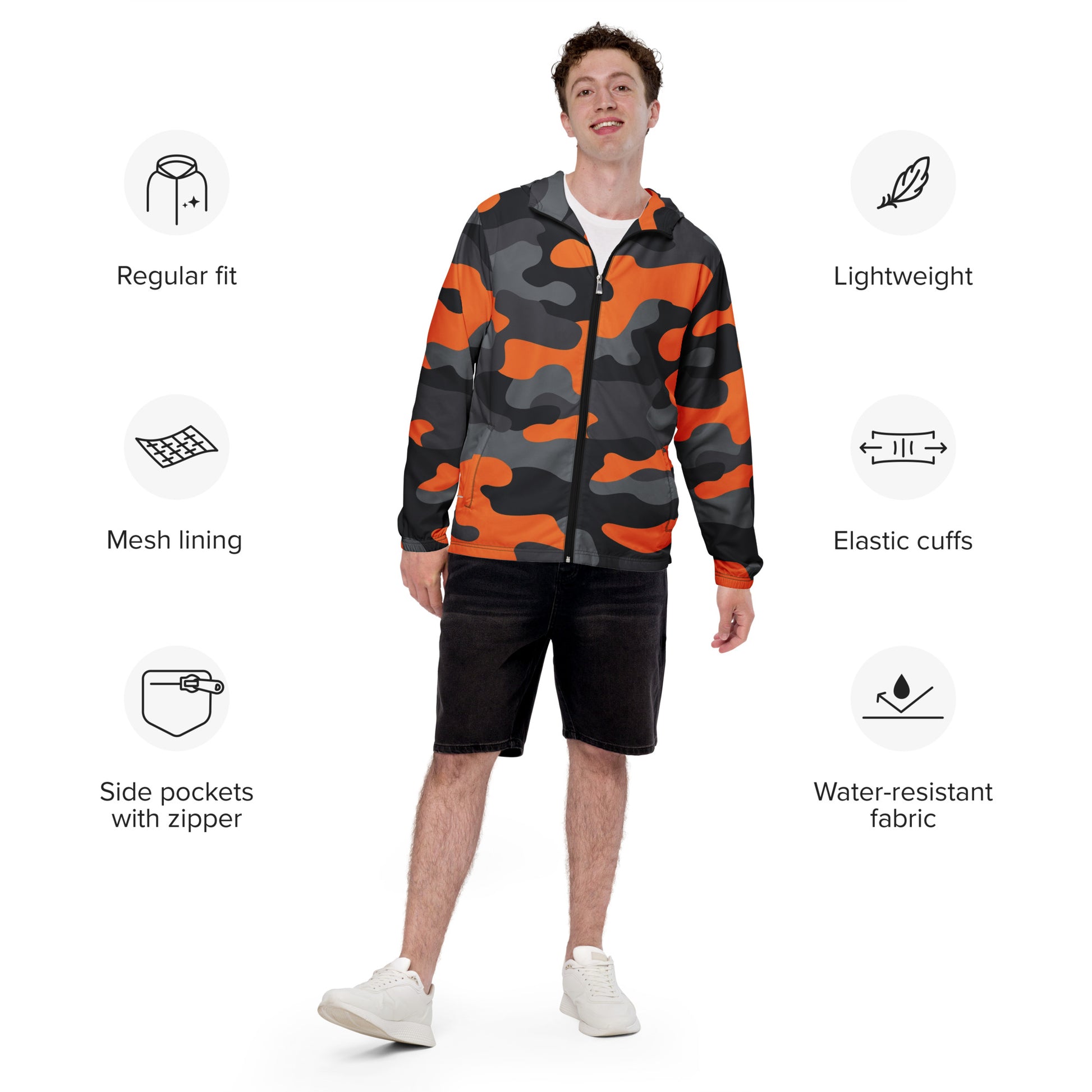 Camo Windbreaker For Men | Orange, Gray & Black