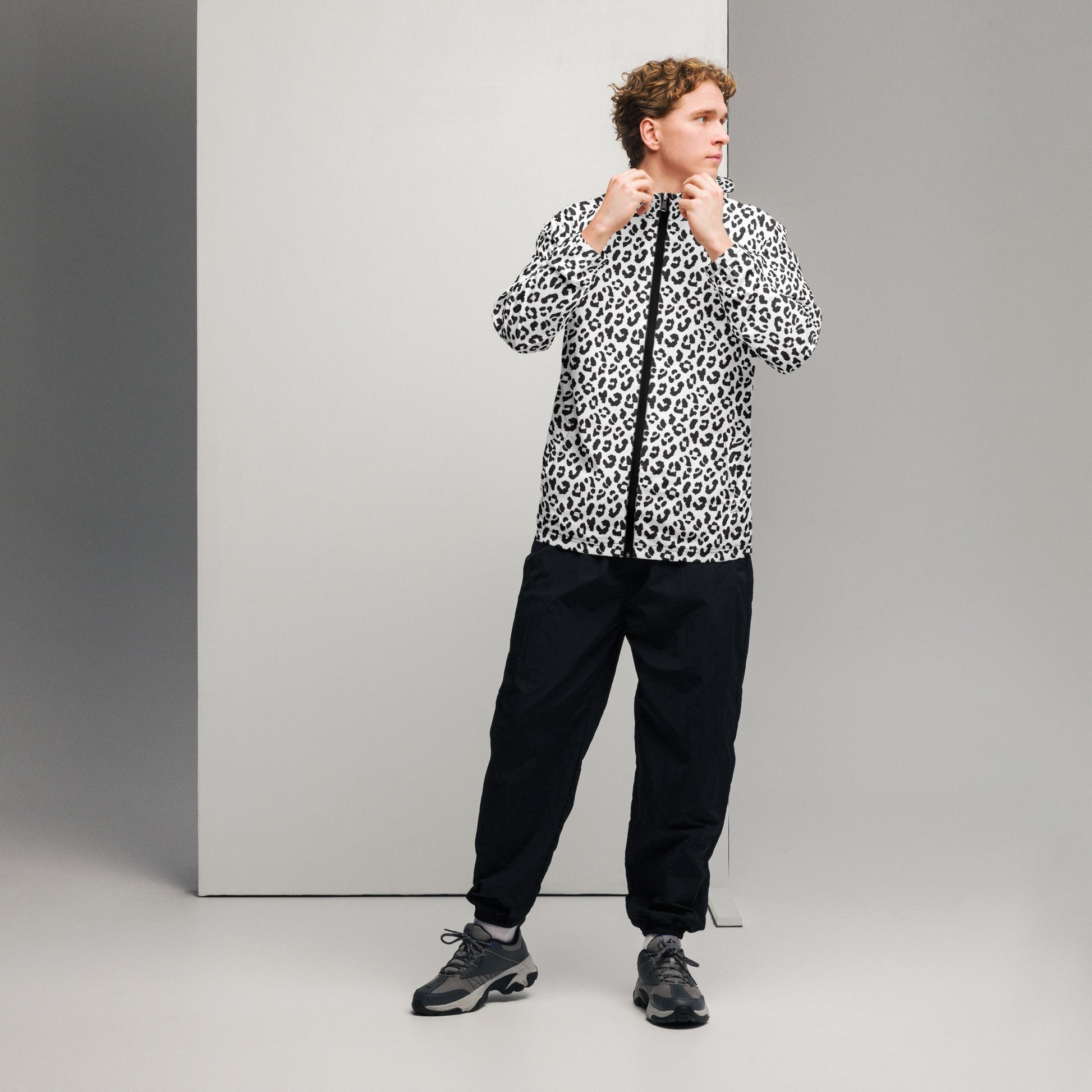 Windbreaker For Men | Black and White Leopard Pattern