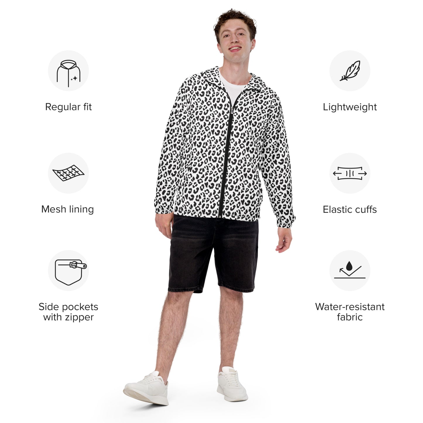 Windbreaker For Men | Black and White Leopard Pattern