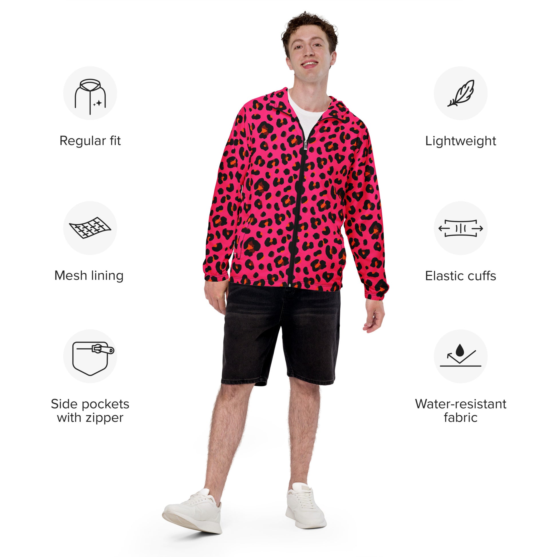 Windbreaker For Men | Cerise Pink, Orange and Black Leopard