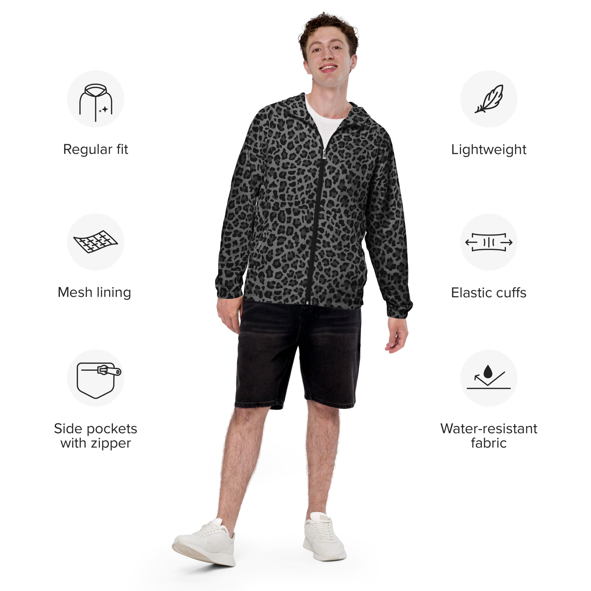 Windbreaker For Men | Gray and Black Leopard Pattern