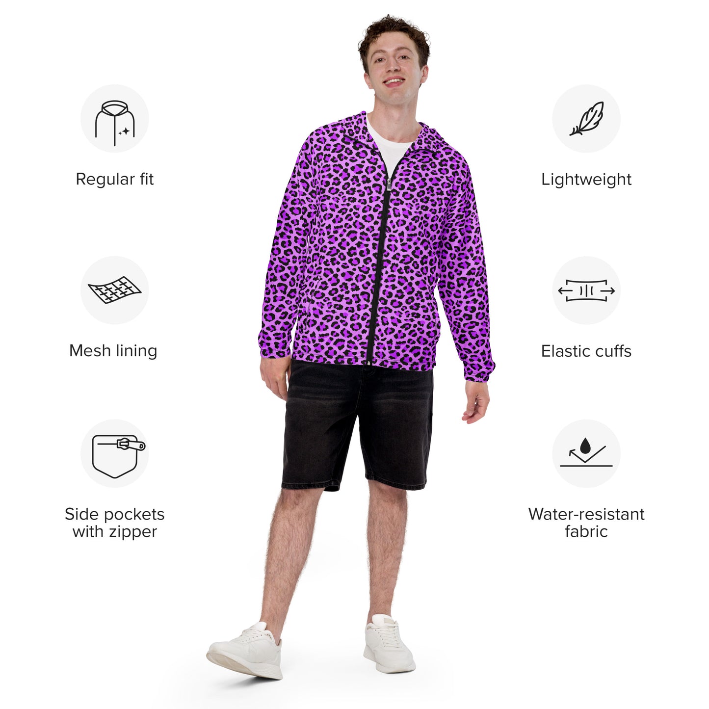 Windbreaker For Men | Purple, Blue and Black Leopard Pattern