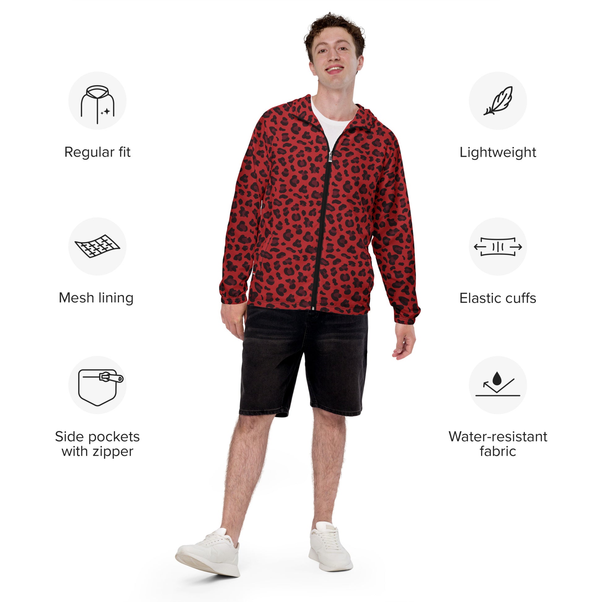 Windbreaker For Men | Red and Black Leopard Pattern