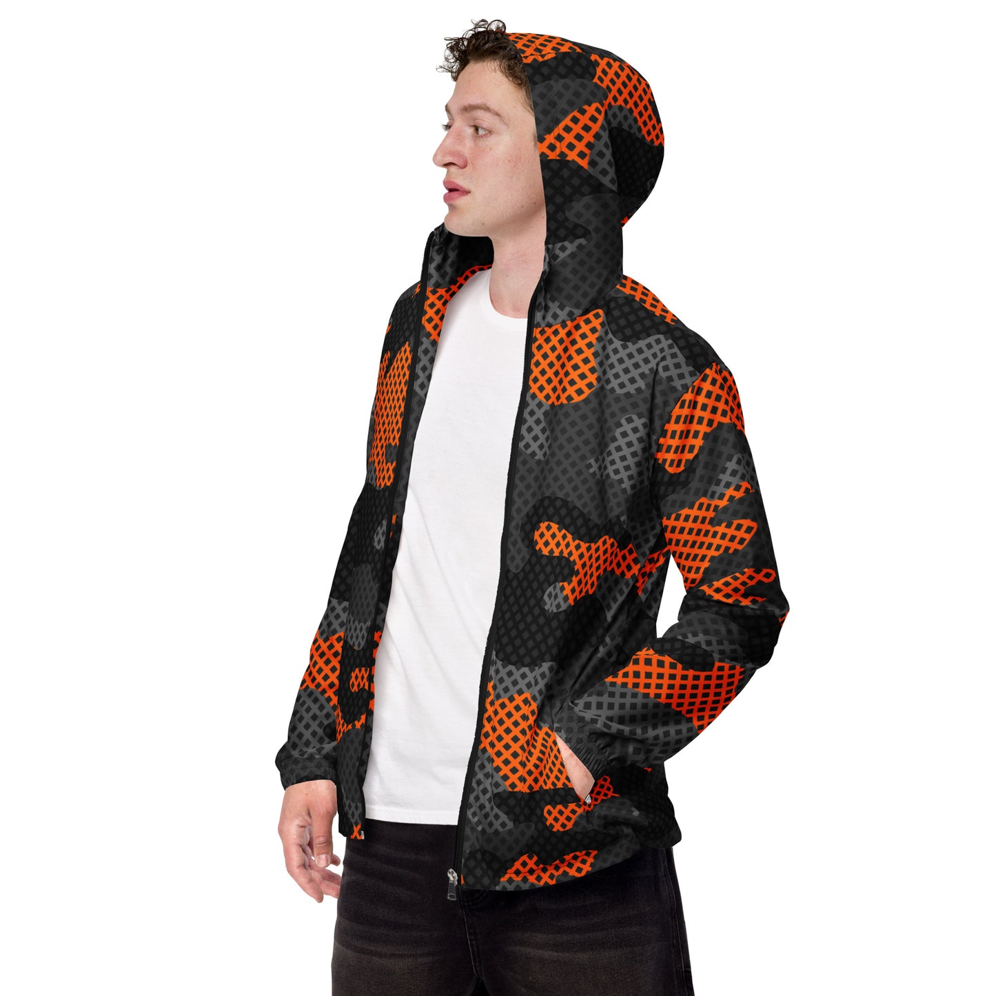 Camo Windbreaker For Men | Black & Orange Pixel