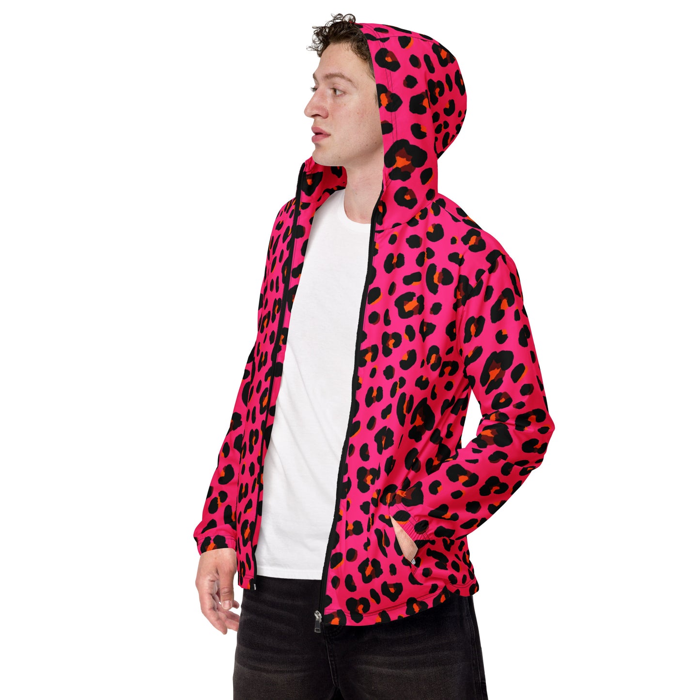 Windbreaker For Men | Cerise Pink, Orange and Black Leopard