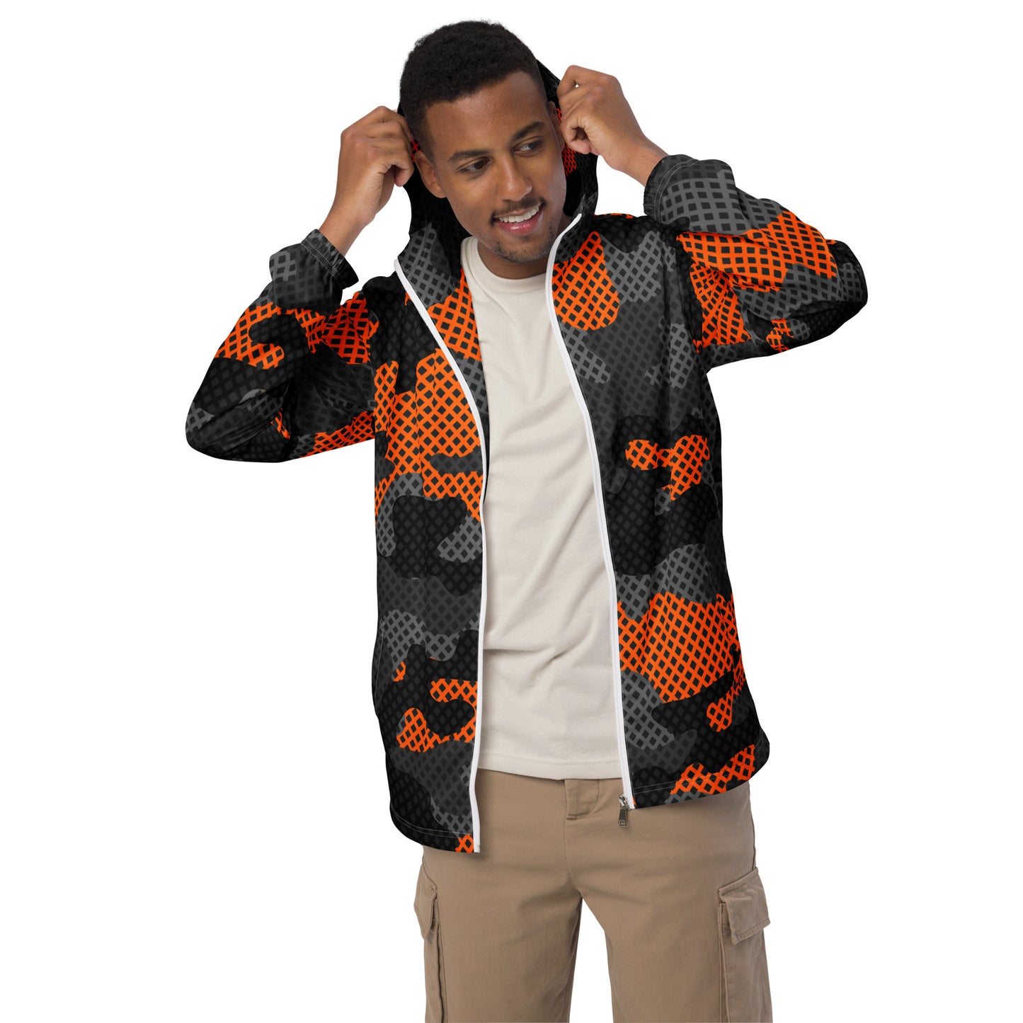 Camo Windbreaker For Men | Black & Orange Pixel