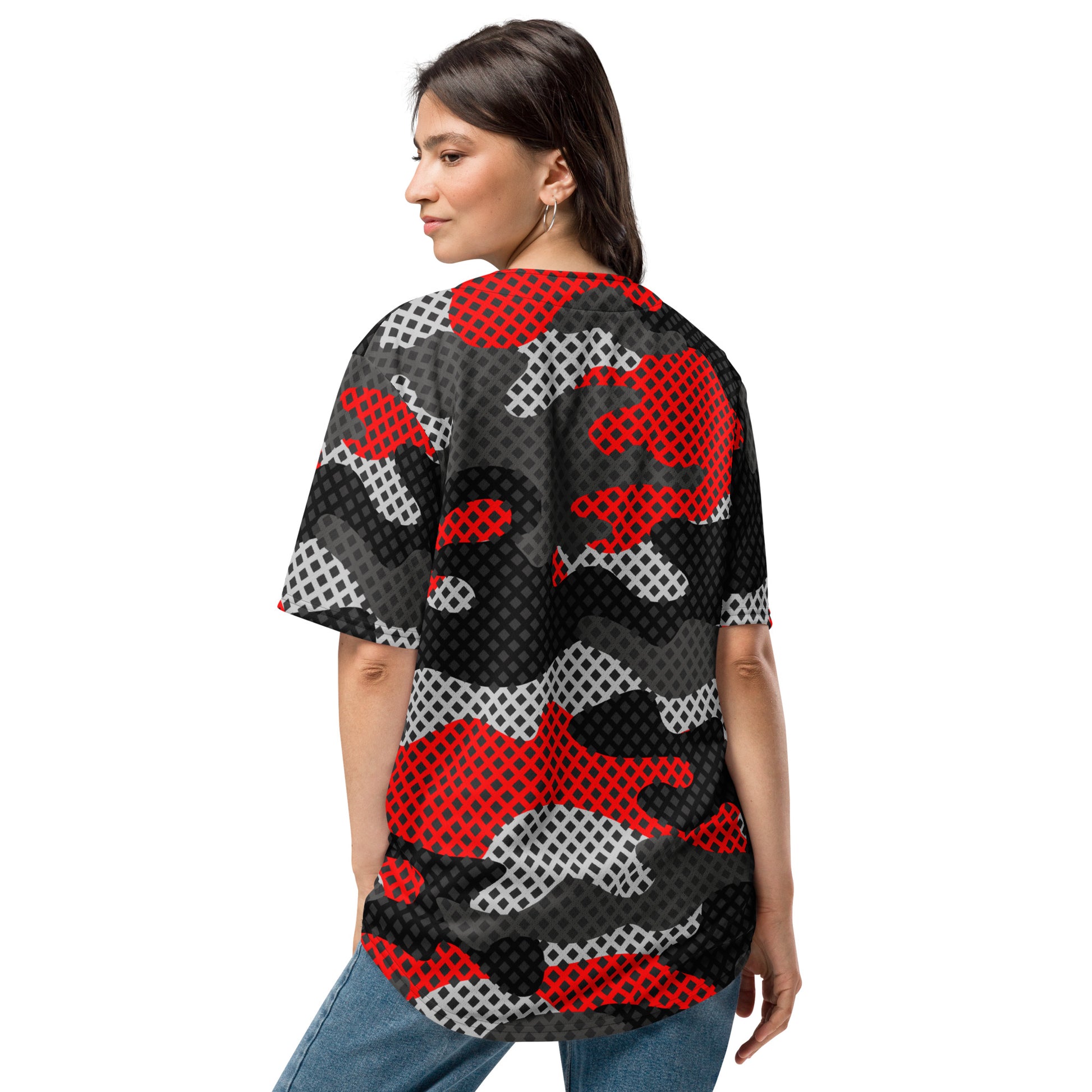 Camo Baseball Jersey | Red, Black and Gray Pixel Camouflage