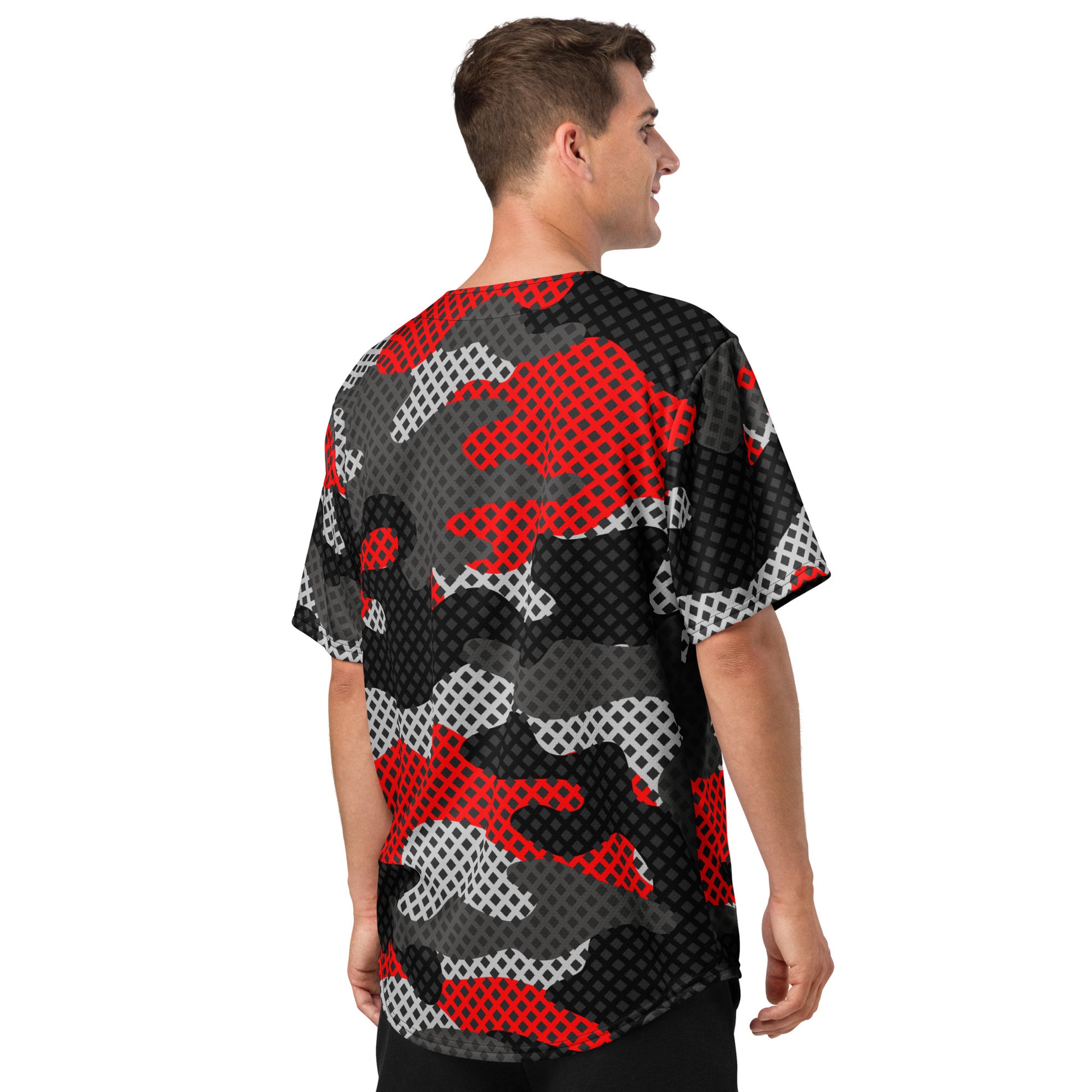 Camo Baseball Jersey | Red, Black and Gray Pixel Camouflage