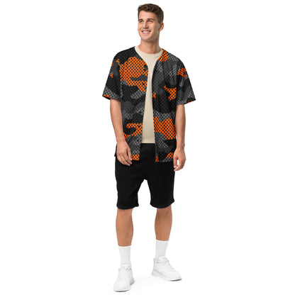 Baseball Jersey | Black & Orange Pixel Camouflage