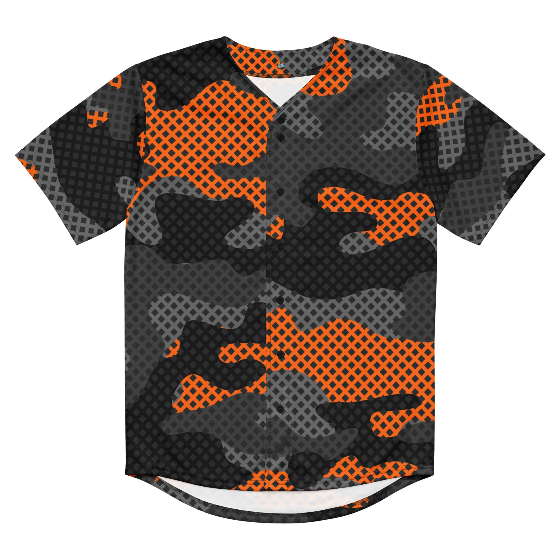 Baseball Jersey | Black & Orange Pixel Camouflage